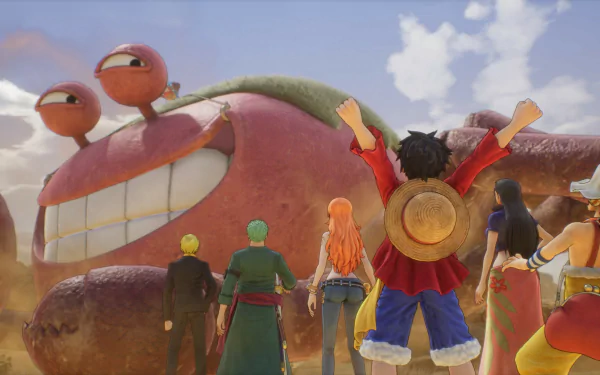 HD desktop wallpaper from One Piece Odyssey featuring the main characters facing a giant creature under a cloudy sky.