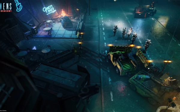 HD desktop wallpaper for Aliens: Dark Descent, featuring a vivid scene of soldiers preparing for battle in a neon-lit, futuristic setting.