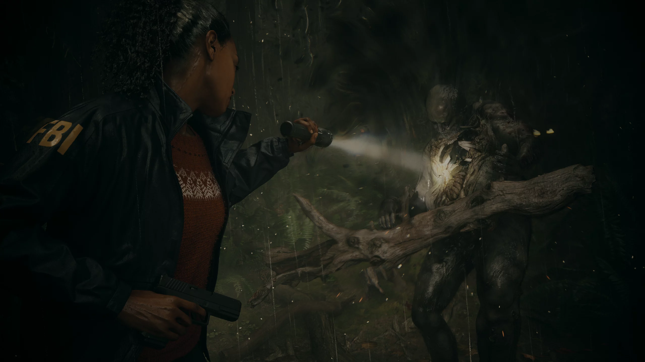 HD wallpaper of a suspenseful scene from Alan Wake 2, featuring a character shining a flashlight on a mysterious figure in a dark, forested setting.