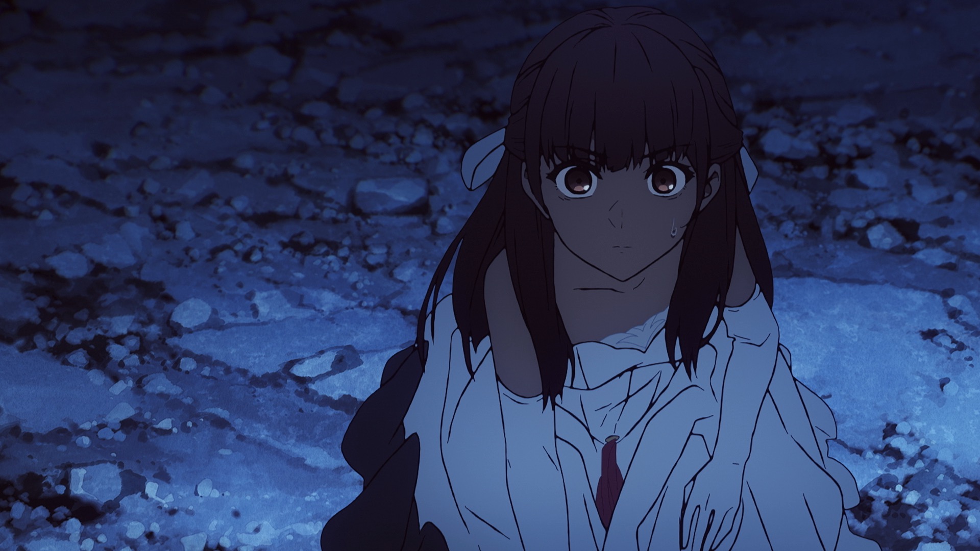 HD desktop wallpaper featuring a character from Fate/strange fake anime, with a dark blue nighttime background and rocky terrain.