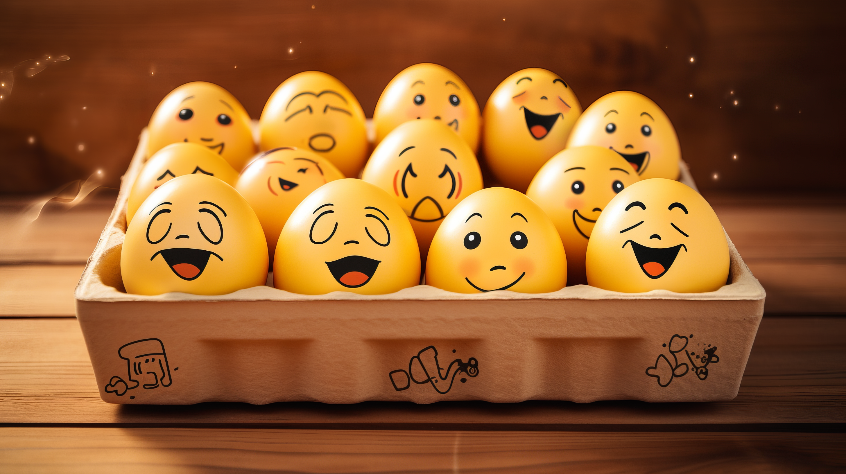 Colorful emoji faces in egg carton on wooden background, AI art HD wallpaper and background with emoticon theme.