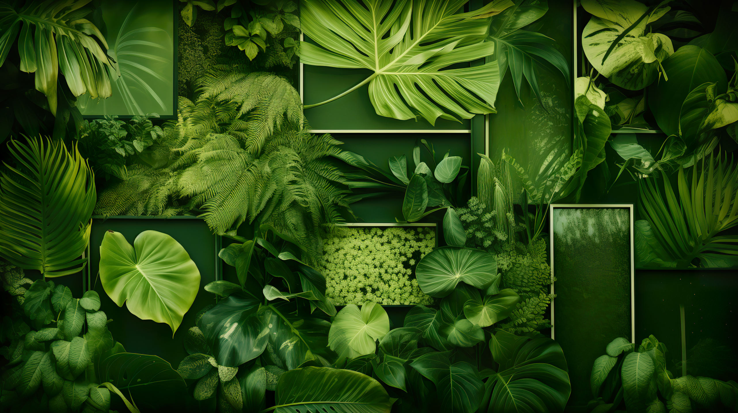 HD desktop wallpaper featuring a lush green aesthetic with various tropical leaves, perfect for a serene background.