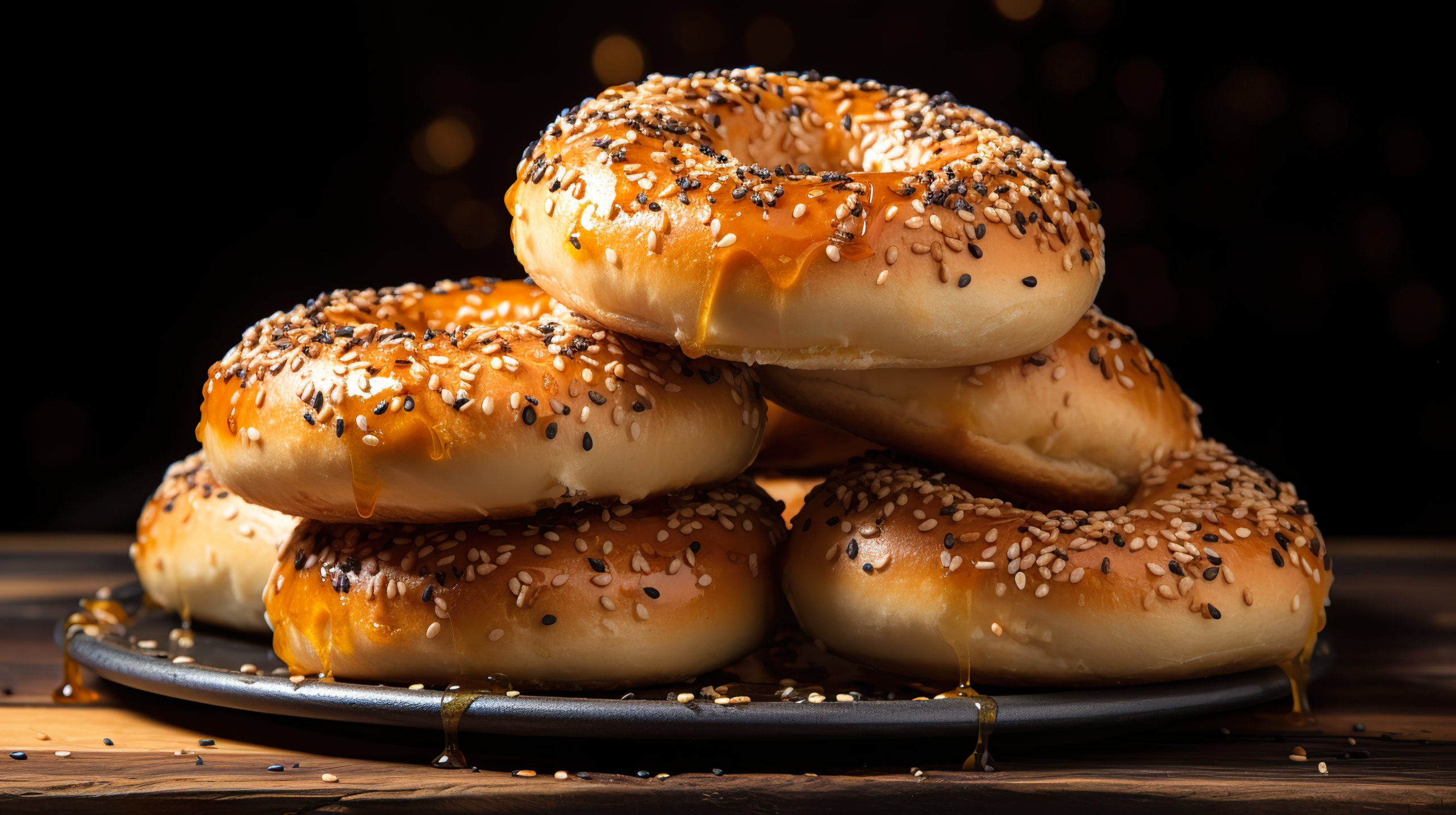 HD wallpaper of freshly baked sesame seed bagels on a plate with a dark, bokeh background.