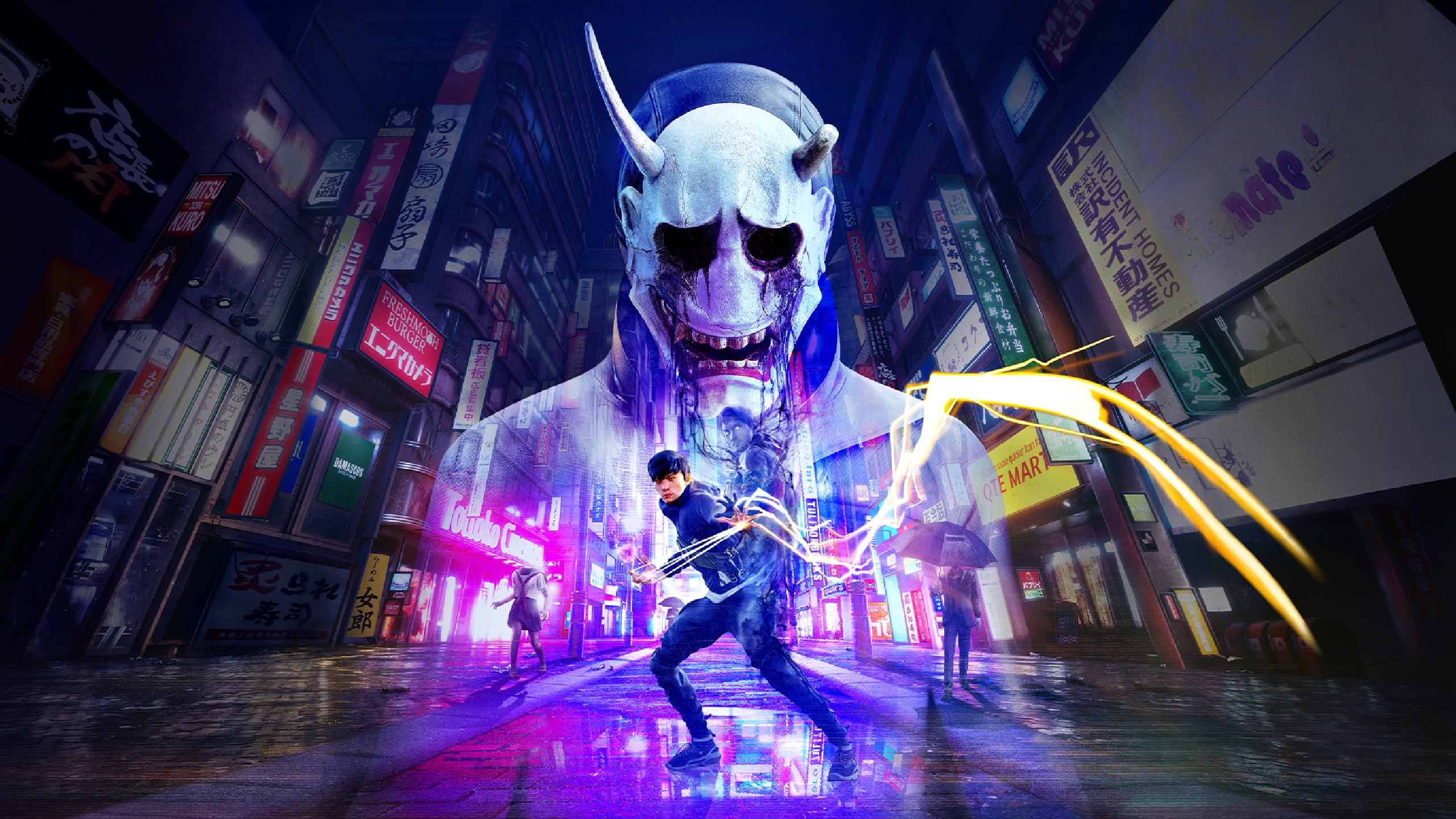 HD wallpaper of GhostWire: Tokyo featuring a character battling a skull-headed specter in a neon-lit Tokyo street.
