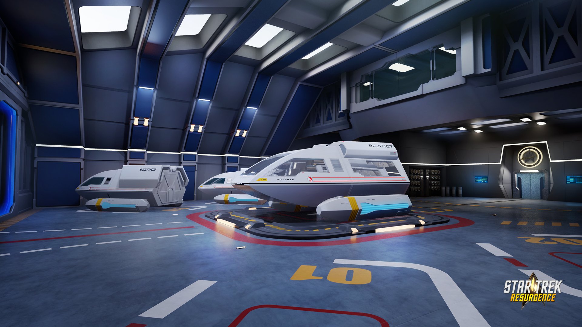 HD desktop wallpaper featuring a Star Trek: Resurgence spaceship in a futuristic hangar.