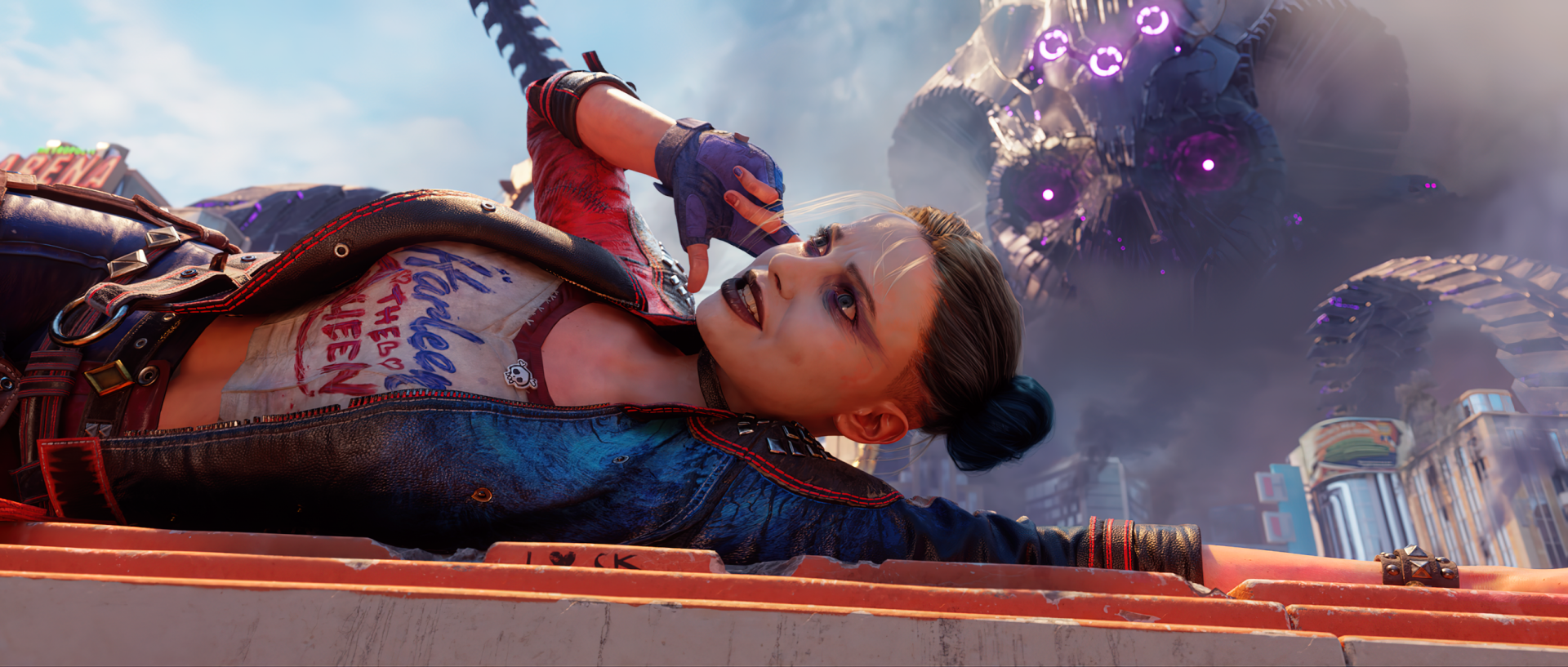 HD Suicide Squad: Kill the Justice League desktop wallpaper featuring a close-up of a female character in combat with a monstrous enemy looming in the background.