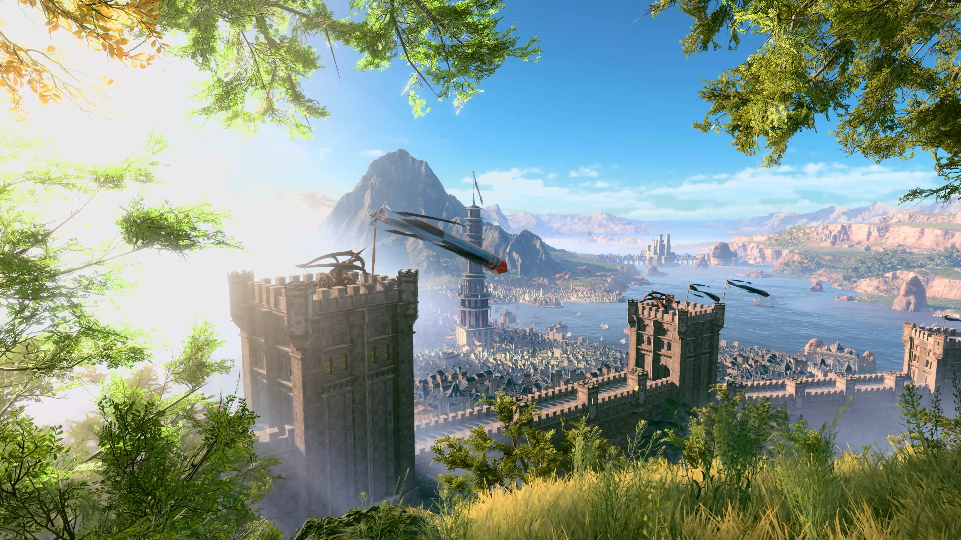 HD desktop wallpaper from Baldur's Gate 3 featuring a scenic view of a castle, mountains, and waterways in a vibrant, sunlit landscape.