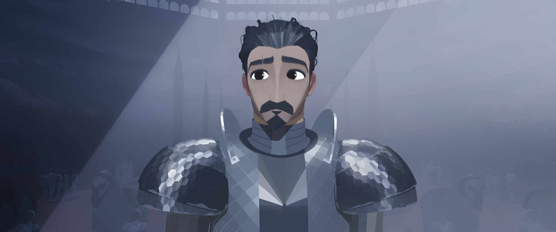 HD desktop wallpaper featuring an animated character from Nimona, standing in armor with a contemplative expression, set against a blurred crowd background for a mystical and heroic ambiance.