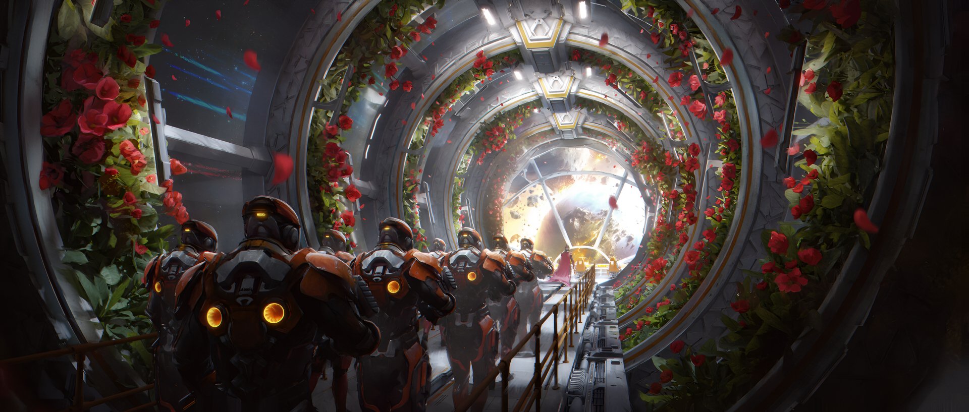 HD desktop wallpaper featuring armored soldiers in a futuristic, flower-lined corridor leading to a glowing royal throne.