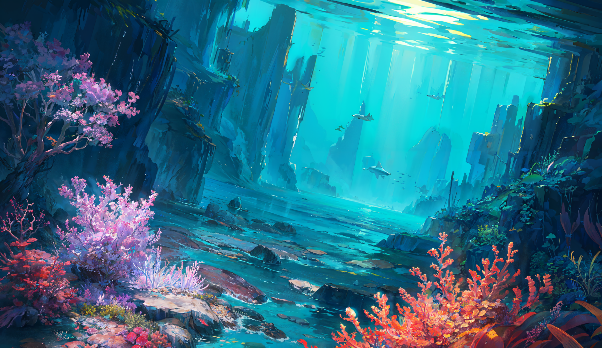 HD fantasy desktop wallpaper depicting a vibrant blue deep sea scene with colorful coral reefs and distant sea creatures swimming through crystal-clear water.