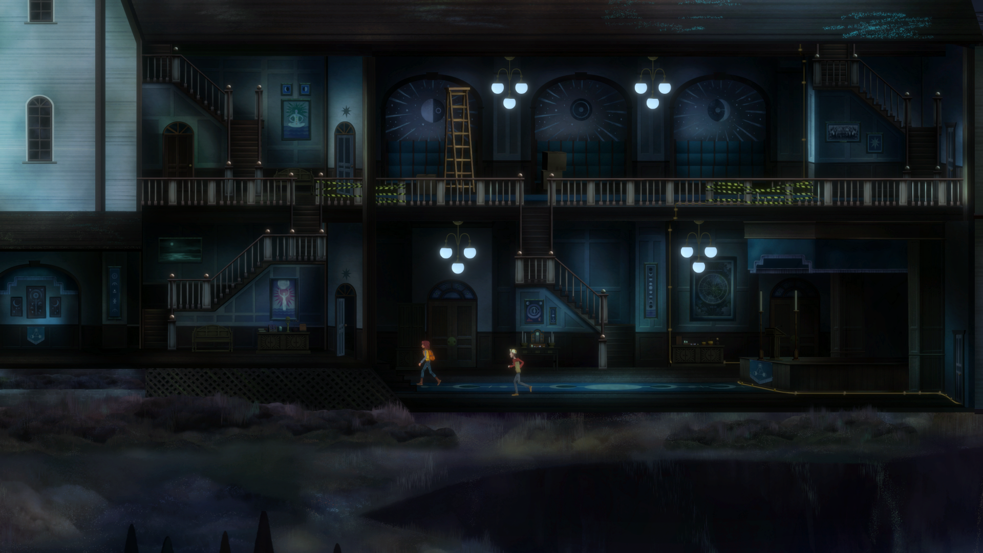 HD desktop wallpaper featuring Oxenfree II: Lost Signals game scene with characters exploring a dimly lit, mysterious building.
