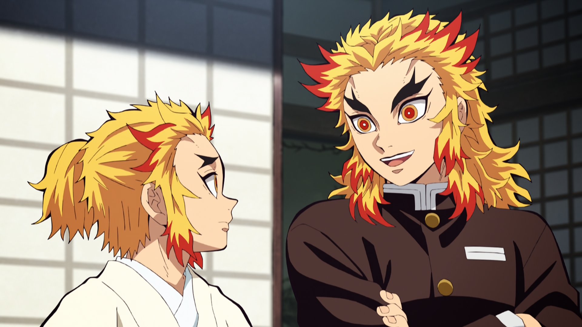 HD anime desktop wallpaper featuring Kyojuro Rengoku from Demon Slayer: Kimetsu no Yaiba in a traditional Japanese room setting.