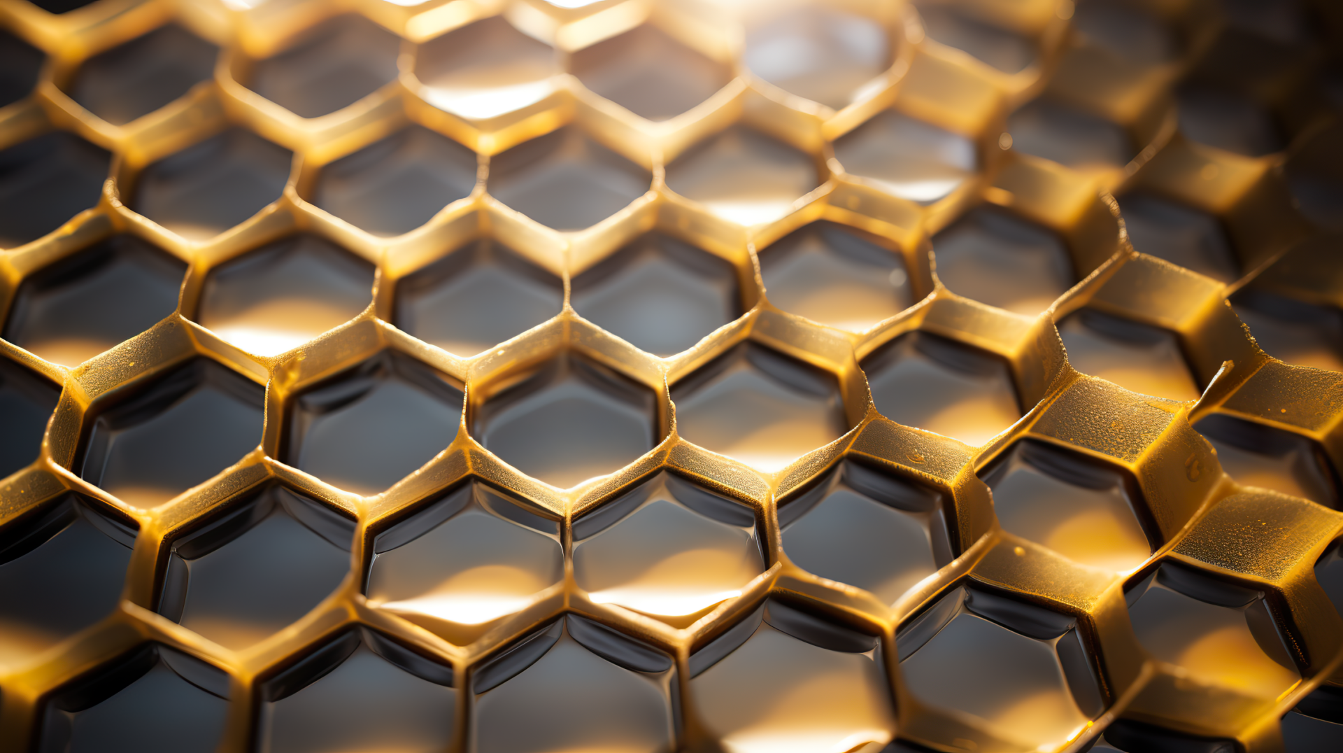 HD wallpaper featuring a close-up of a golden honeycomb pattern with reflective surfaces, embodying an abstract aesthetic.