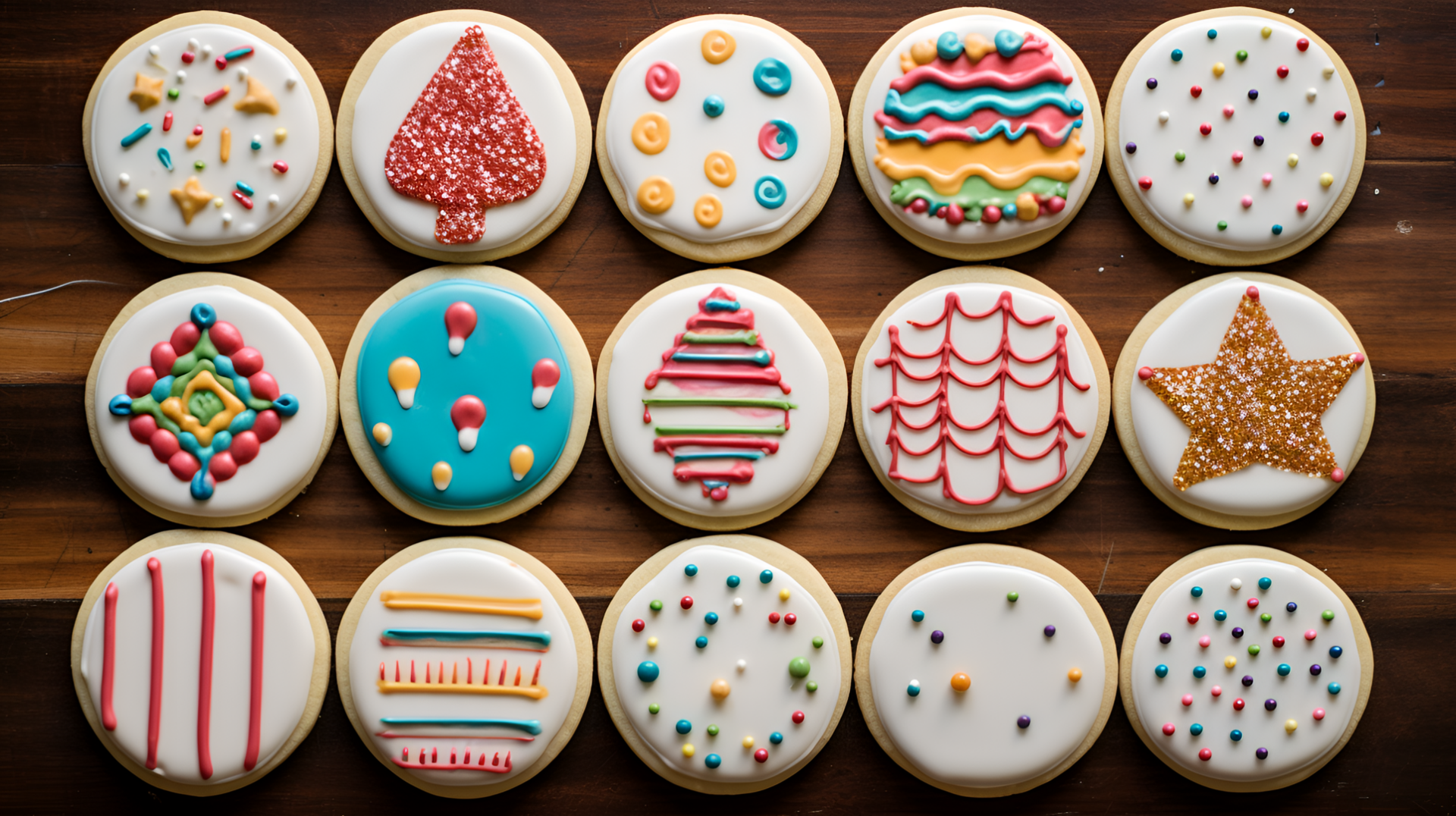 Colorful decorated cookies on a wooden surface for HD desktop wallpaper.