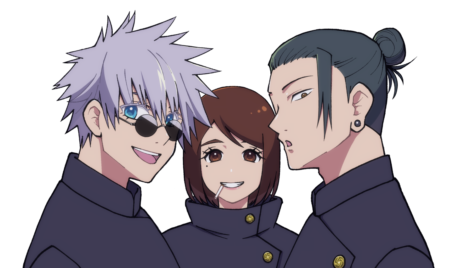 HD anime desktop wallpaper featuring Suguru Geto, Shoko Ieiri, and Satoru Gojo from Jujutsu Kaisen, showcasing Gojo and Geto side by side.