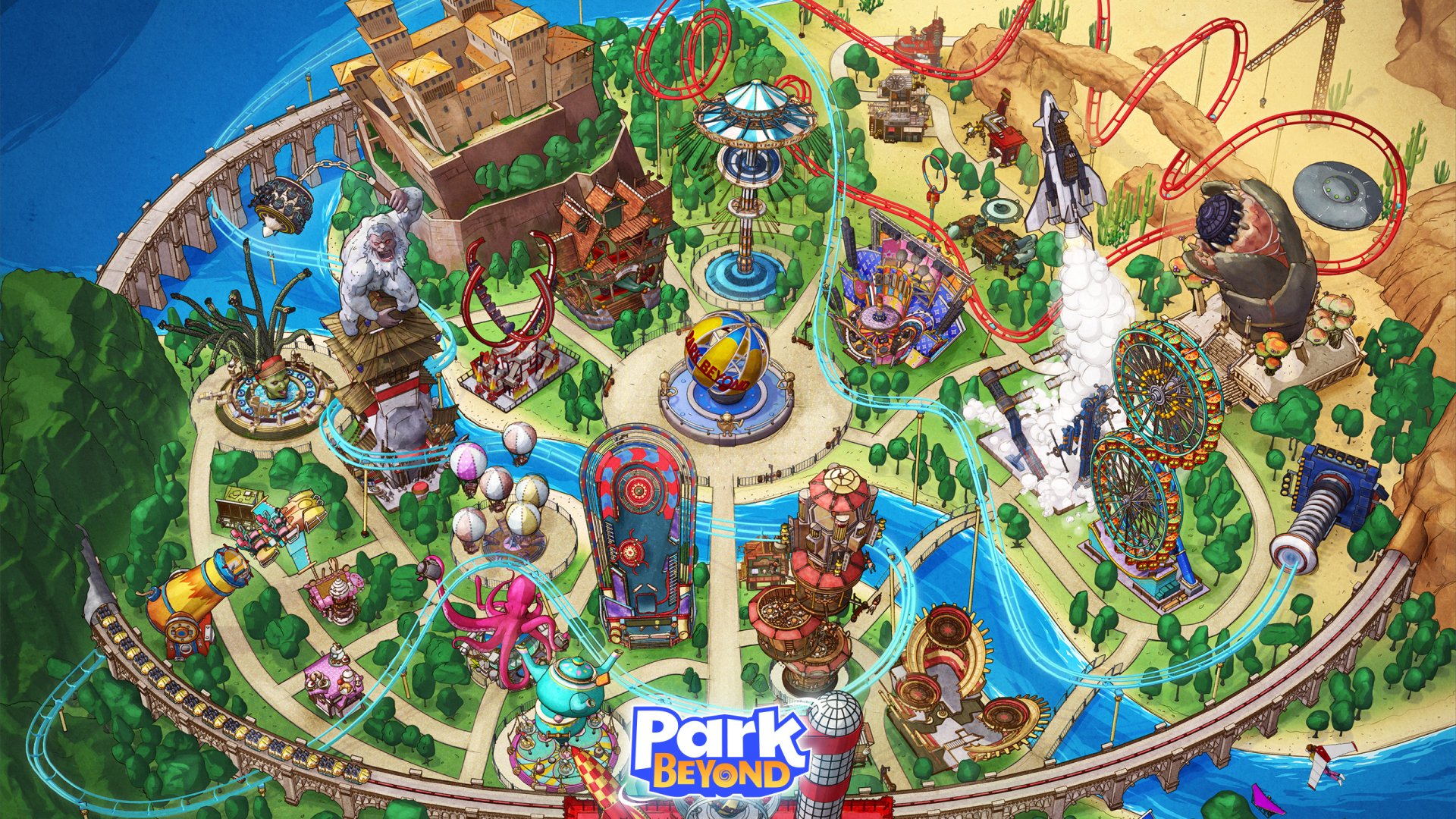 HD desktop wallpaper showcasing a vibrant and detailed amusement park from the video game Park Beyond, featuring colorful rides and attractions.