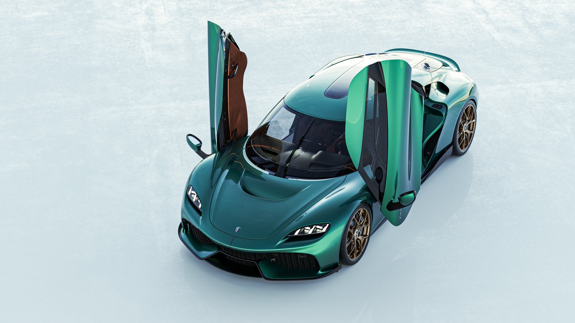 Koenigsegg Gemera in teal with doors open on snowy background, high-definition desktop wallpaper.