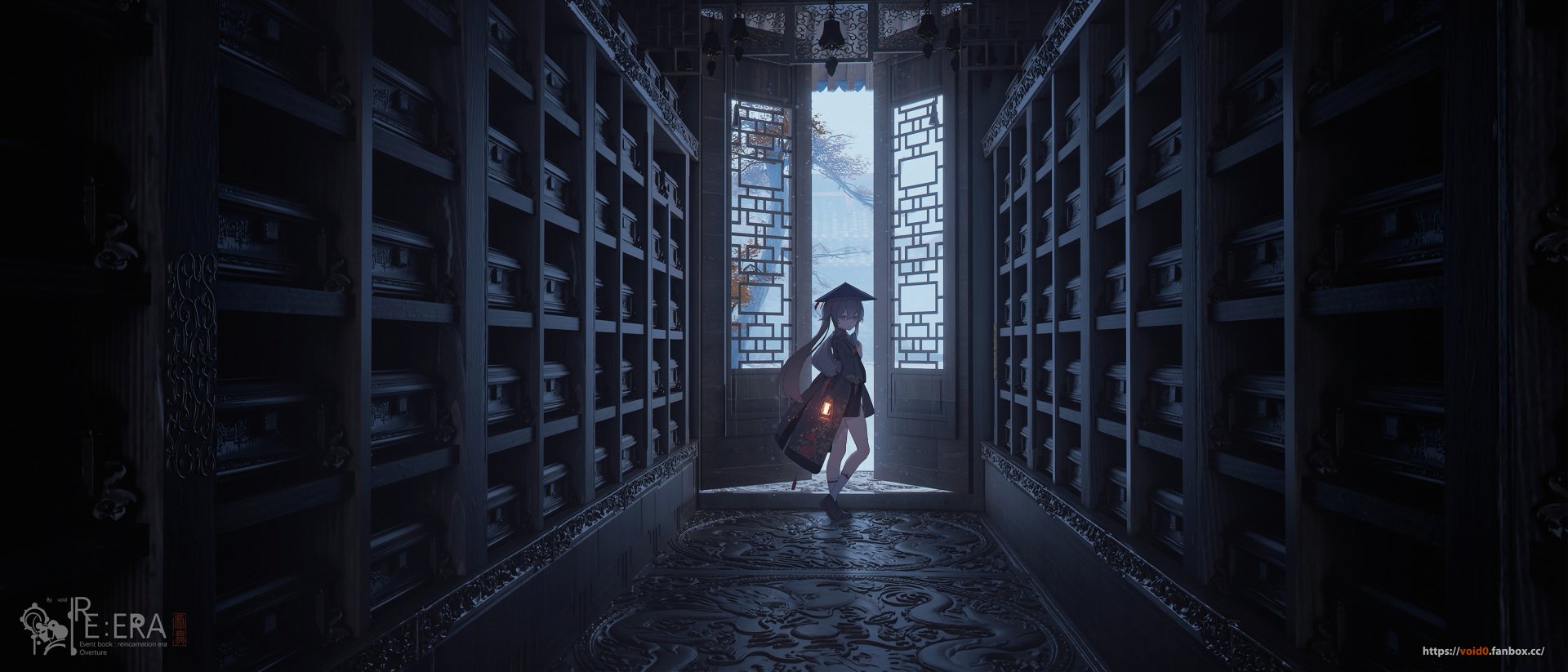 HD PC desktop wallpaper featuring Hu Tao from the video game Genshin Impact, standing in a dimly lit traditional corridor with a glowing lantern.