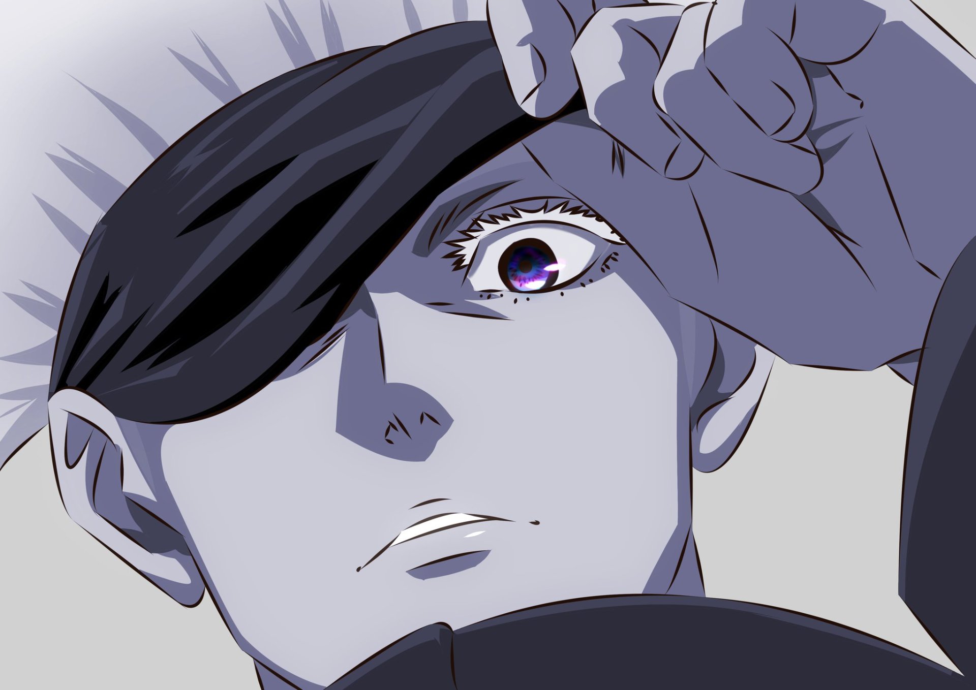 HD anime desktop wallpaper featuring Satoru Gojo from Jujutsu Kaisen, showcasing his distinctive blindfold and intense gaze.