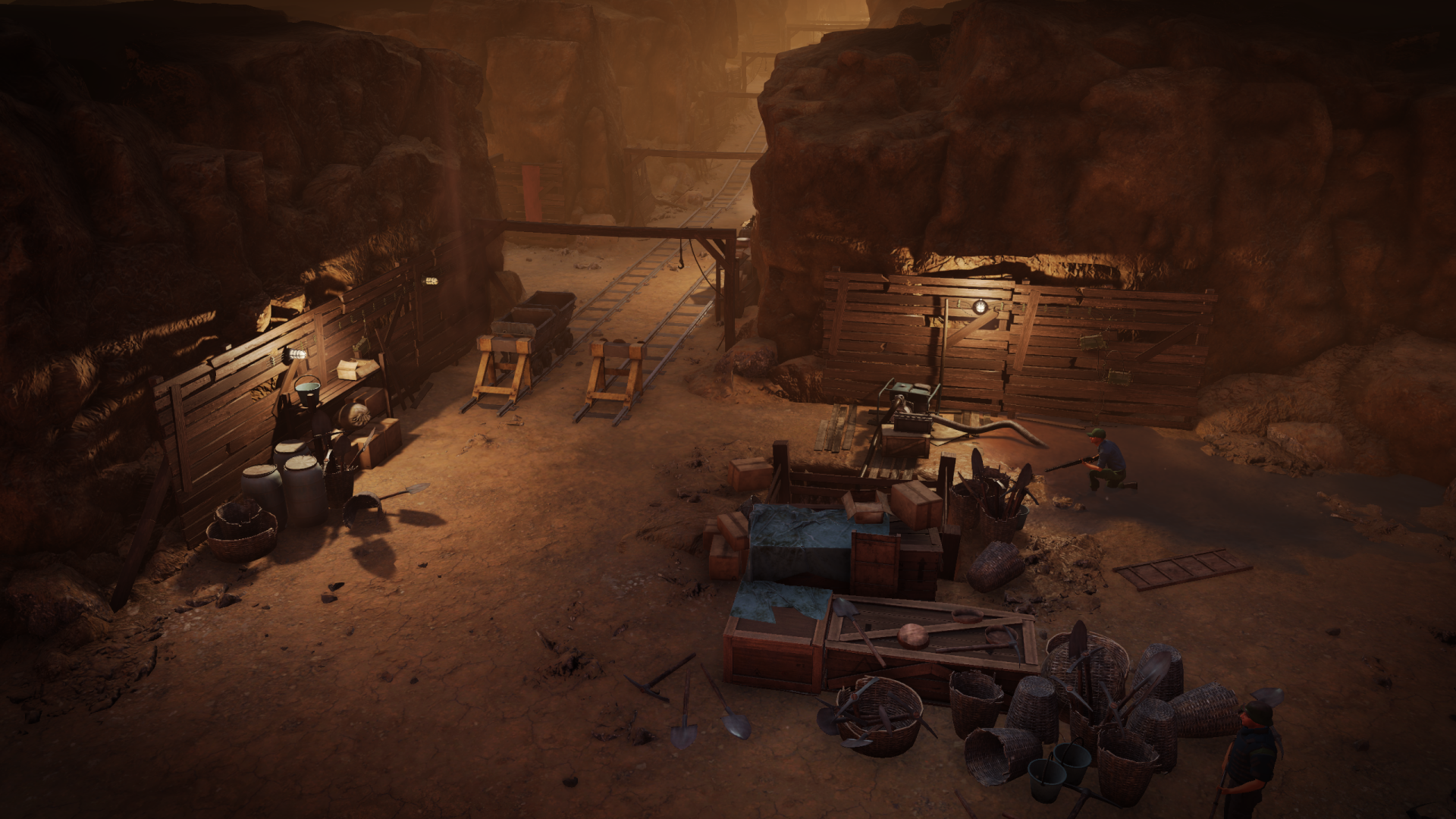 HD desktop wallpaper of a detailed scene from Jagged Alliance 3, featuring a dimly lit military encampment with equipment and fortifications.