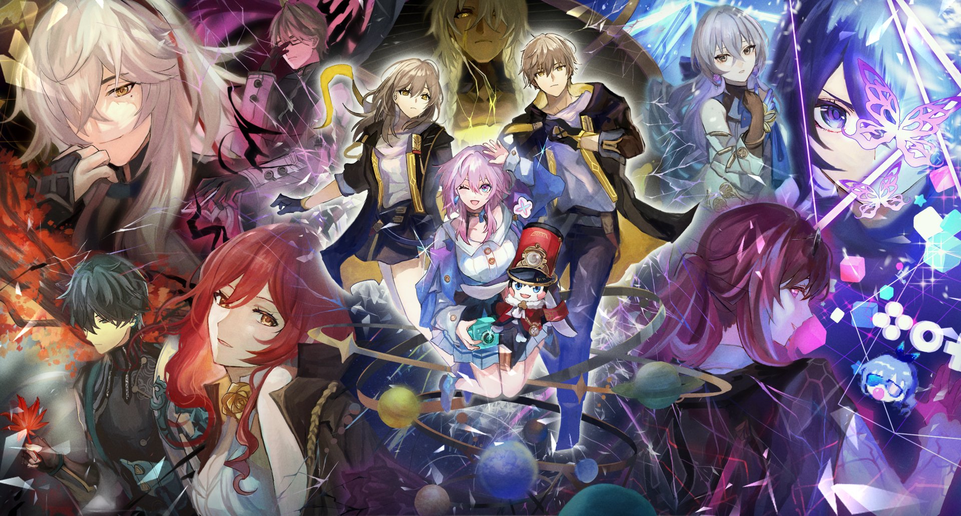 HD PC desktop wallpaper featuring vibrant characters from the video game Honkai: Star Rail in a dynamic, colorful sci-fi scene.