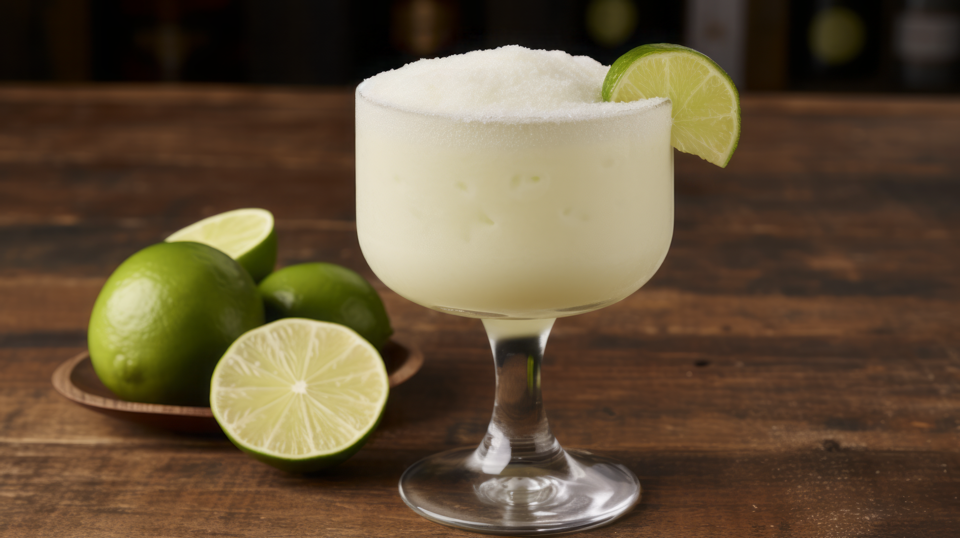 Frothy daiquiri cocktail garnished with a lime wheel, with fresh limes on the side, presented as HD desktop wallpaper and AI art background.