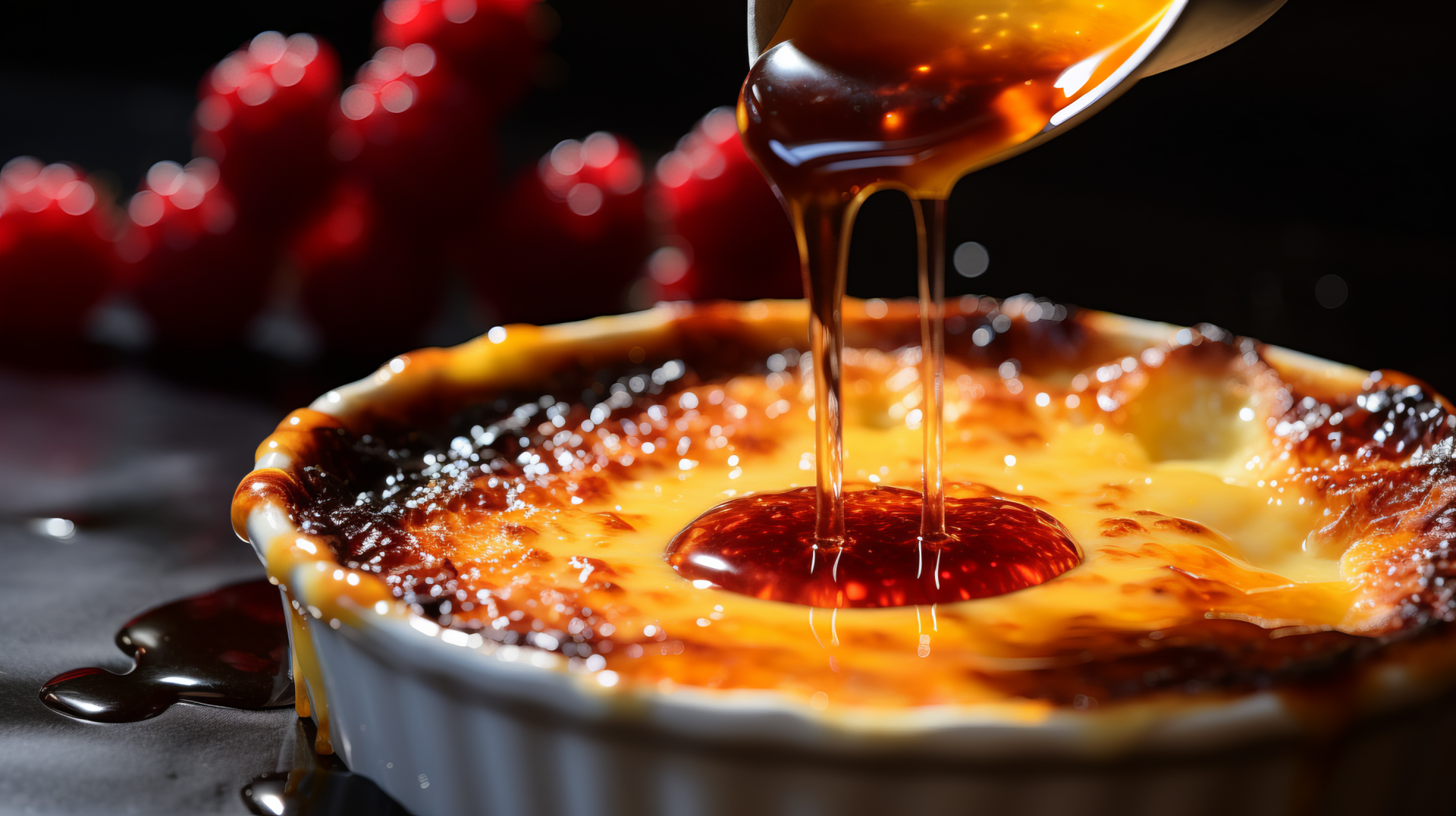 HD wallpaper of caramel being poured on Crème Brûlée with a blurred berry background.