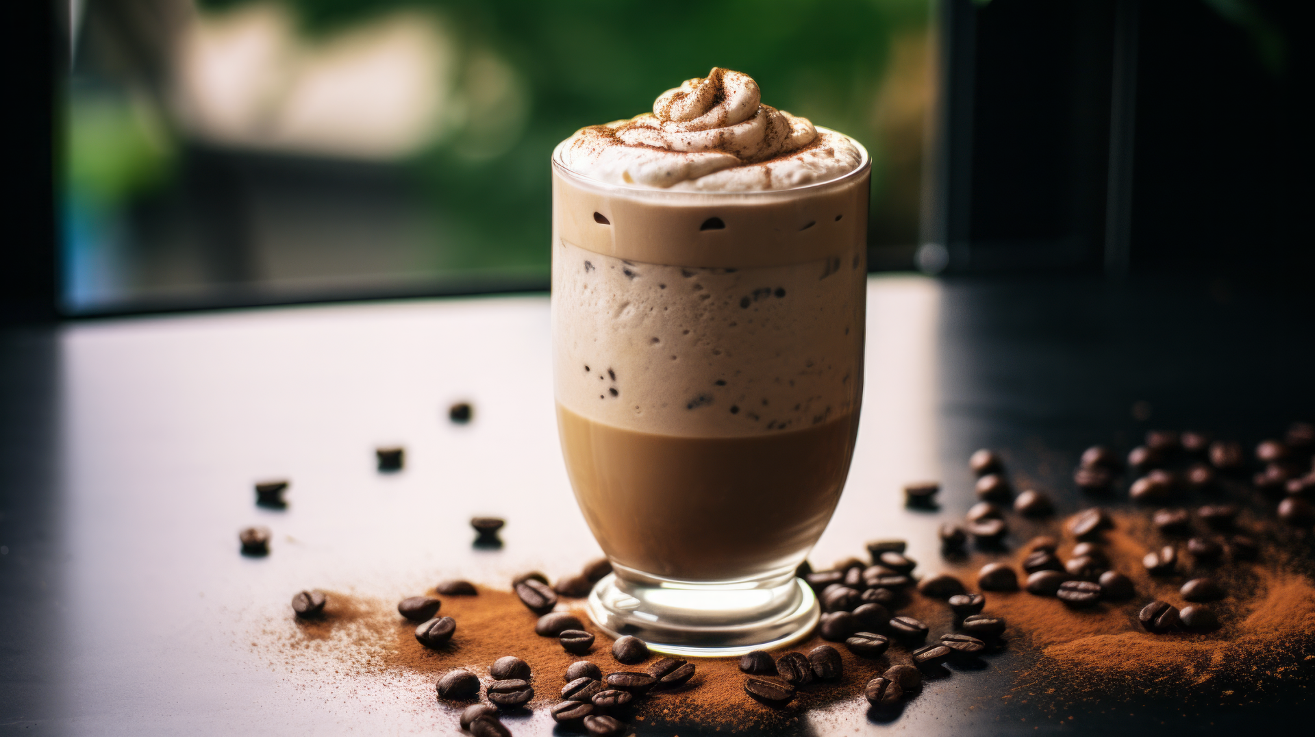 A delicious milkshake topped with whipped cream, surrounded by coffee beans and cocoa powder, creating a rich, inviting atmosphere for this HD desktop wallpaper.