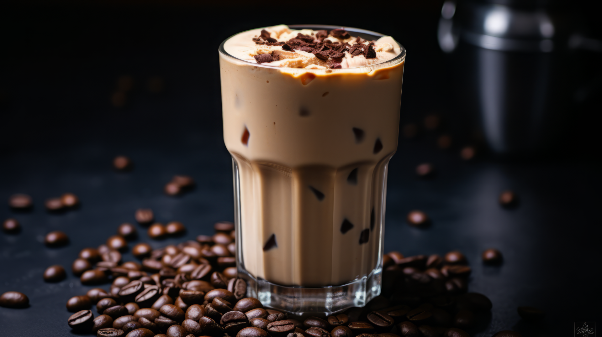 A delicious coffee milkshake topped with chocolate shavings, set against a backdrop of coffee beans, creating an enticing and rich food-themed HD desktop wallpaper.