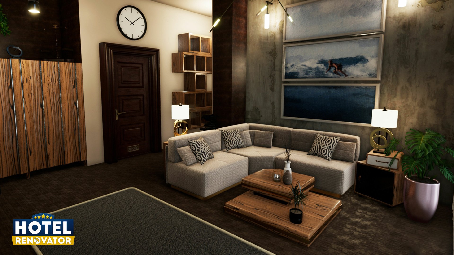 HD desktop wallpaper from Hotel Renovator featuring a stylish hotel lounge with modern furnishings and ambient lighting.