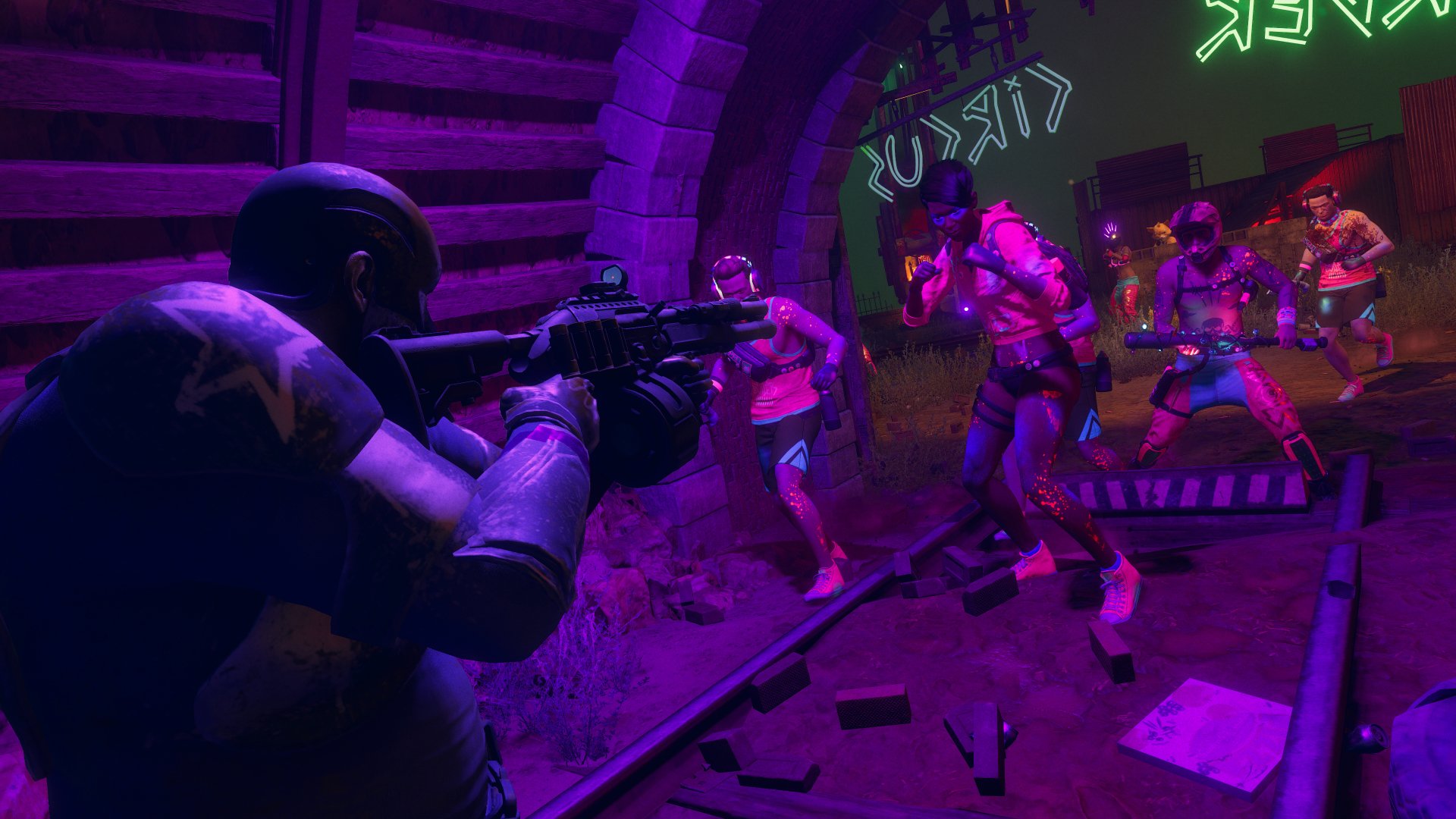 HD desktop wallpaper from the video game Saints Row (2022), depicting an intense shootout scene in a neon-lit urban tunnel.