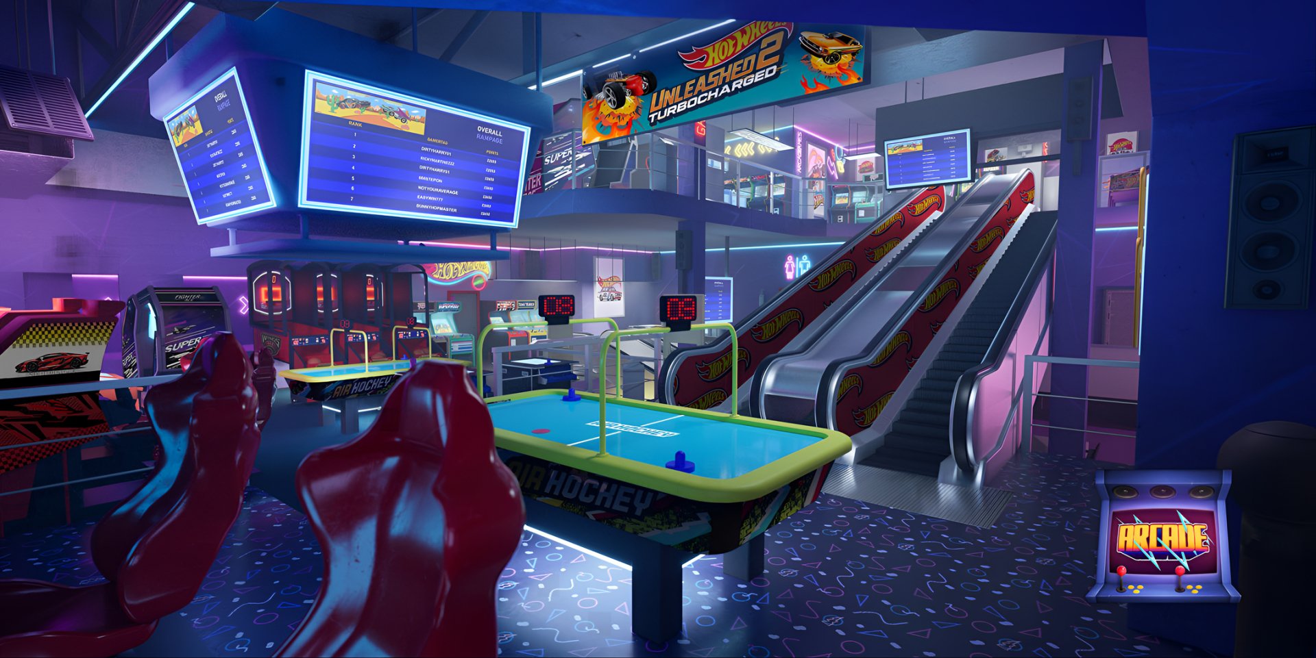 HD desktop wallpaper from Hot Wheels Unleashed 2: Turbocharged depicting a vibrant arcade scene with pool table, air hockey, and escalator.