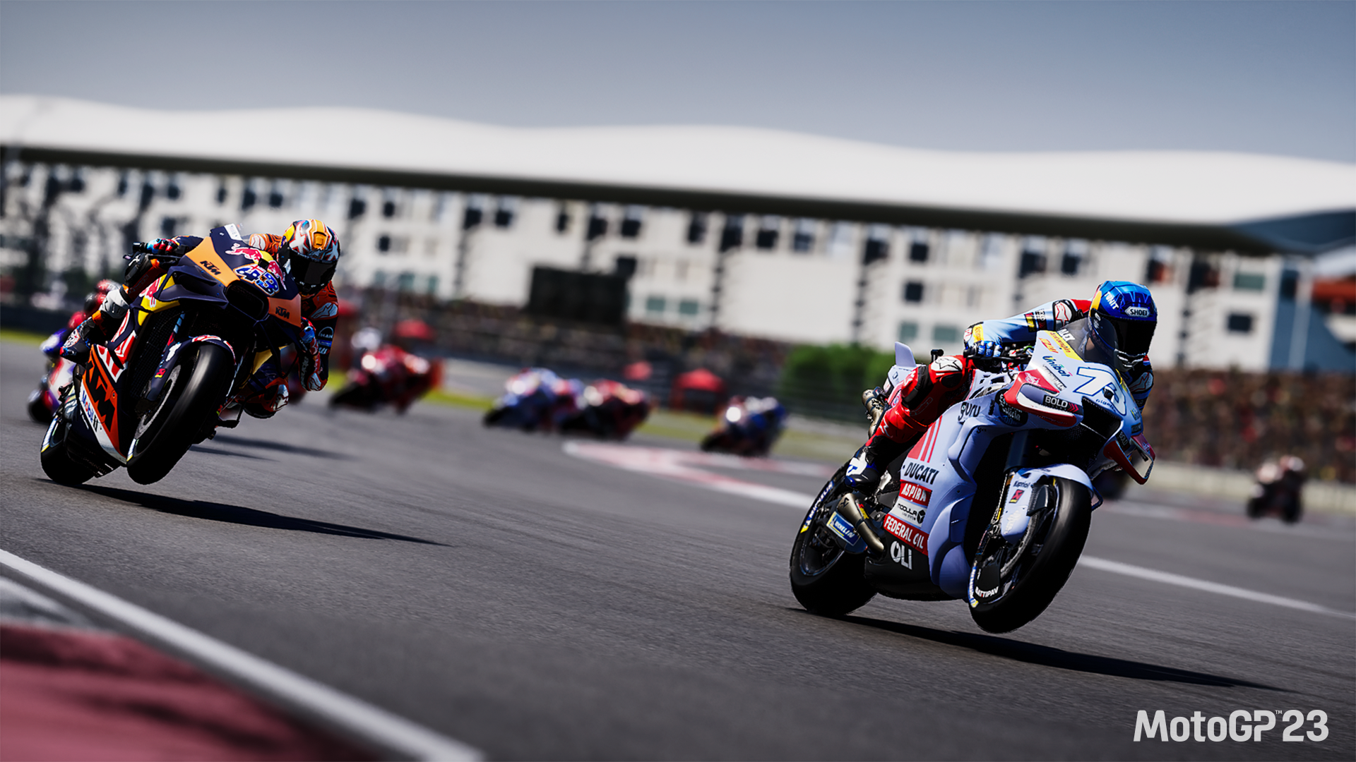 HD desktop wallpaper featuring a dynamic race scene from the video game MotoGP 23, with motorcycles cornering on a track.