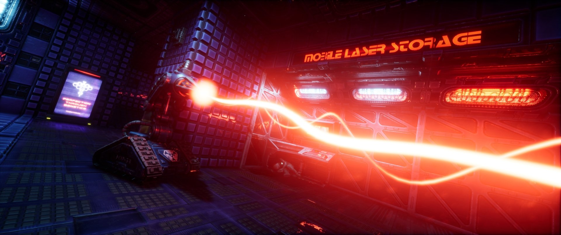HD desktop wallpaper from the video game System Shock (2023) featuring a dynamic scene with red laser beams in a futuristic environment.