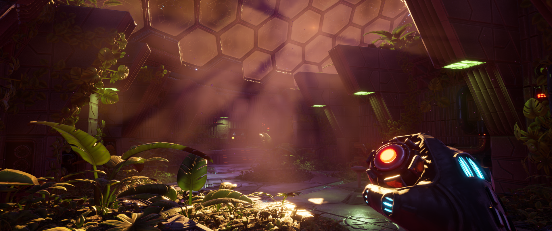 HD desktop wallpaper from the 2023 video game System Shock, featuring a futuristic glove against a vividly lit sci-fi environment.