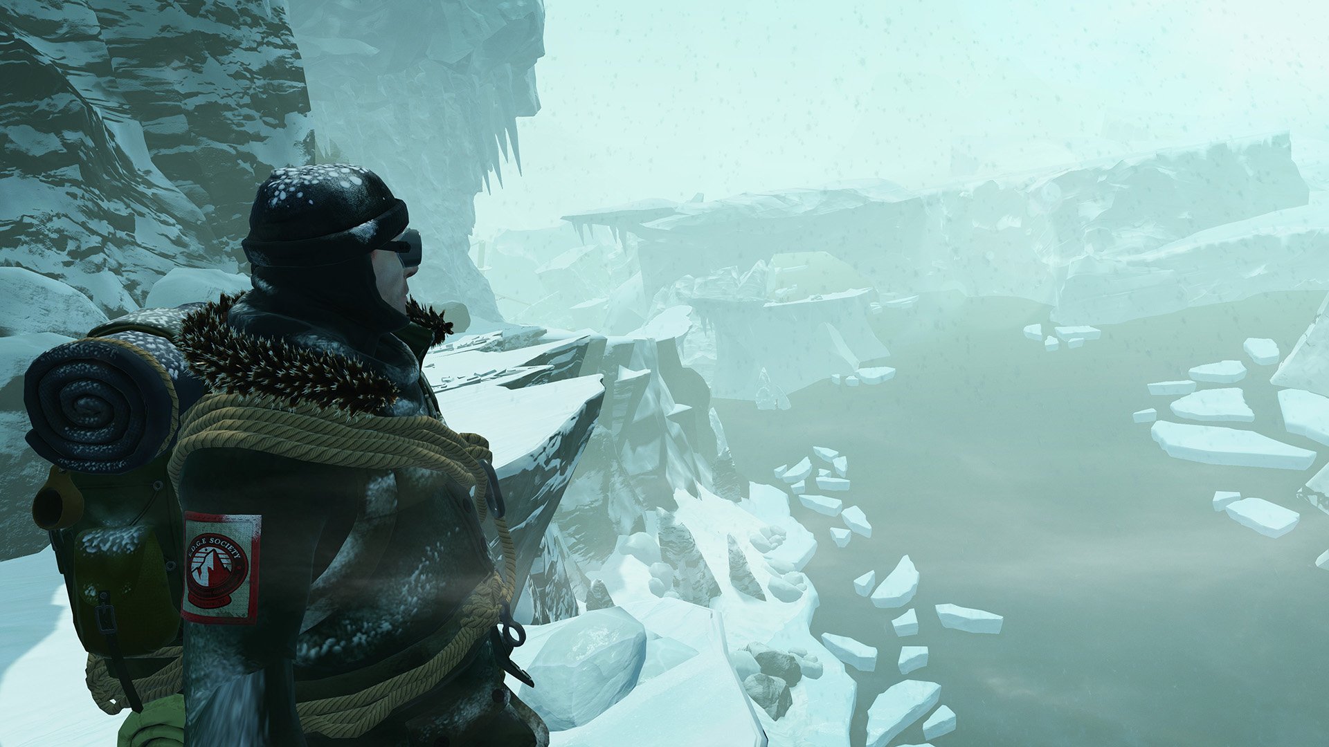 HD desktop wallpaper featuring a character from the video game Edge of Nowhere, overlooking a snowy, mountainous landscape.