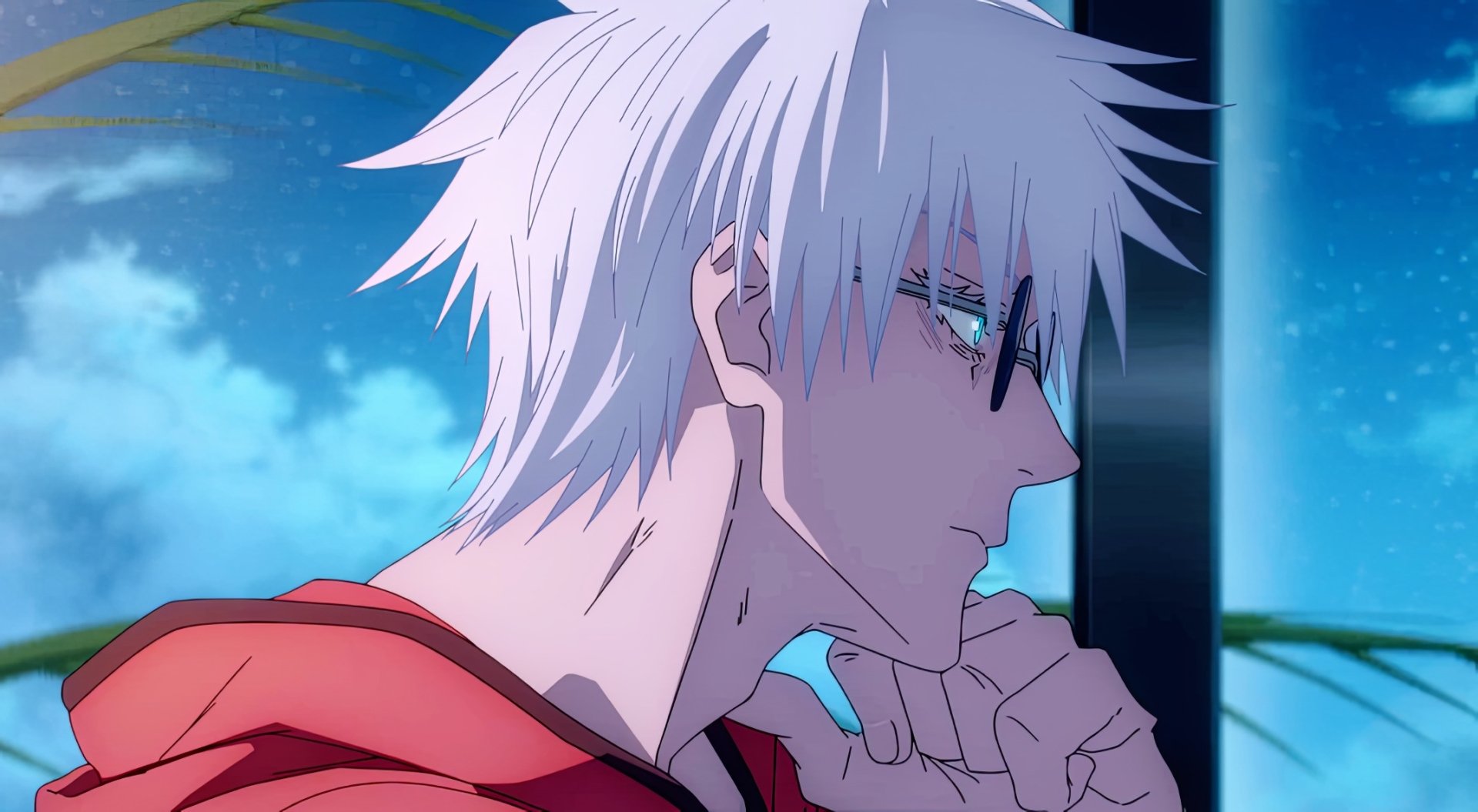 A close-up of Satoru Gojo from Jujutsu Kaisen, showcasing his thoughtful expression, set against a vibrant background. This HD image captures the essence of the anime's second season.