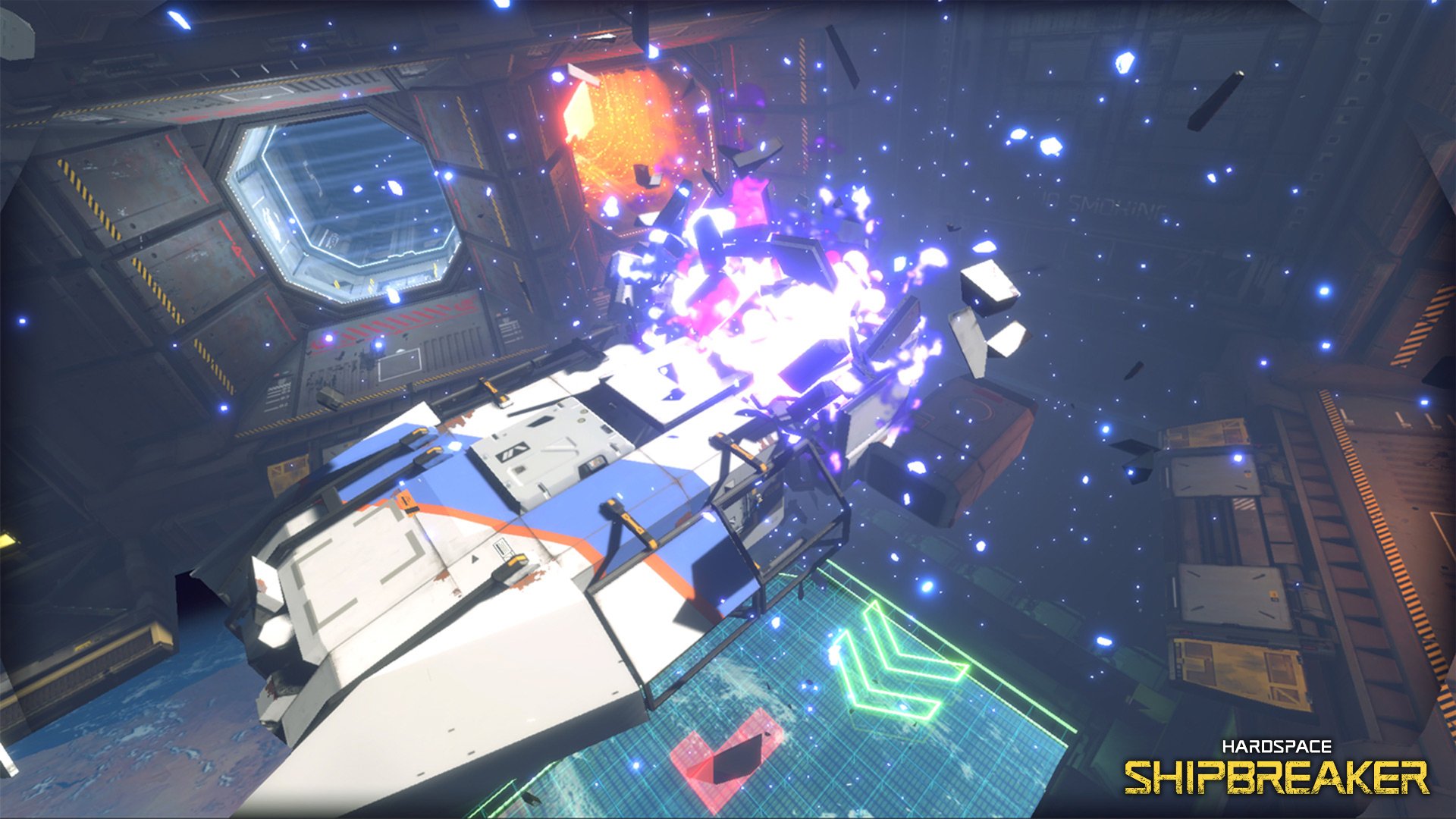 HD wallpaper of a dynamic scene from Hardspace: Shipbreaker showing a spaceship being dismantled in a futuristic setting.