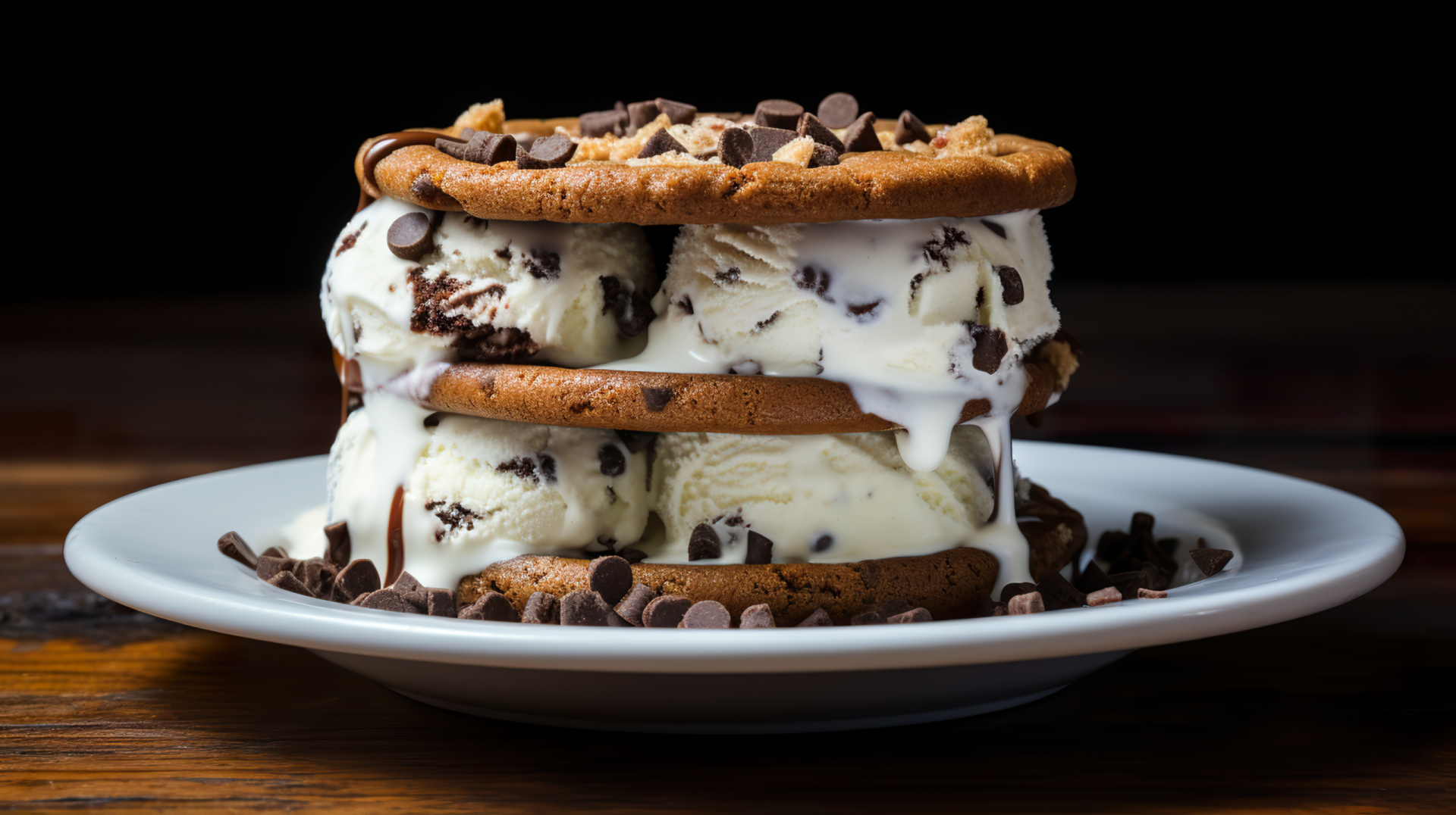 HD wallpaper featuring a tempting ice cream sandwich with chocolate chip cookies and vanilla ice cream, topped with chocolate chips, on a white plate.