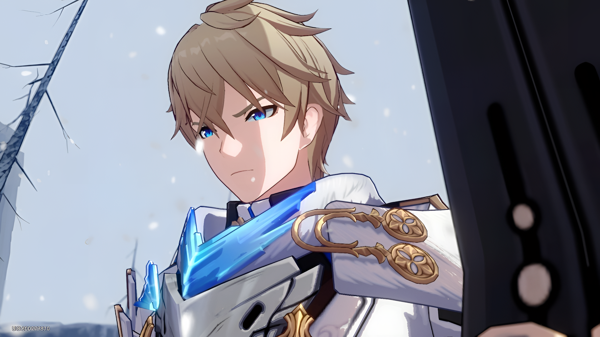HD wallpaper of Gepard Landau from the video game Honkai: Star Rail, featuring him in battle armor with a snowy background.