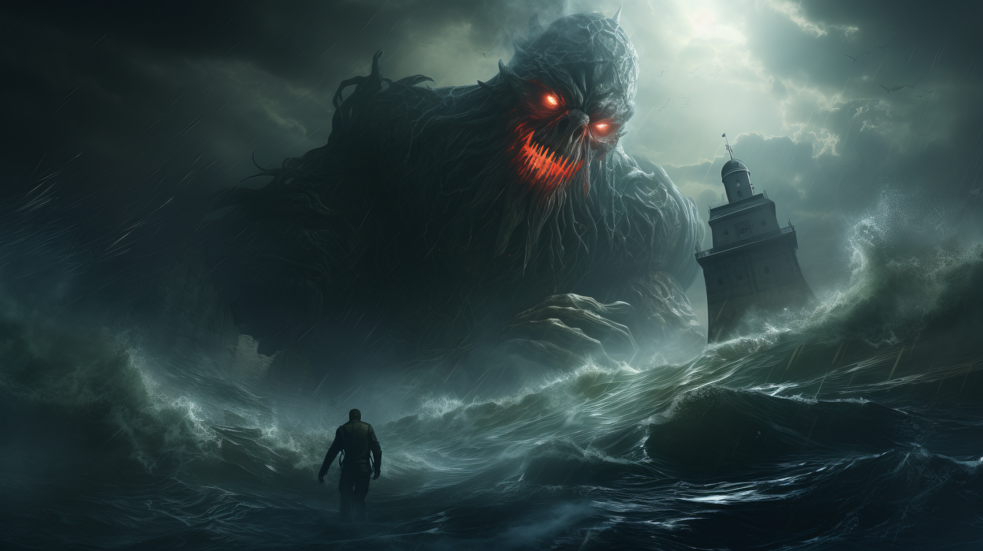 HD wallpaper featuring an AI art-rendered monstrous creature with glowing red eyes emerging from stormy seas near a lighthouse, with a silhouette of a person facing the ominous scene.