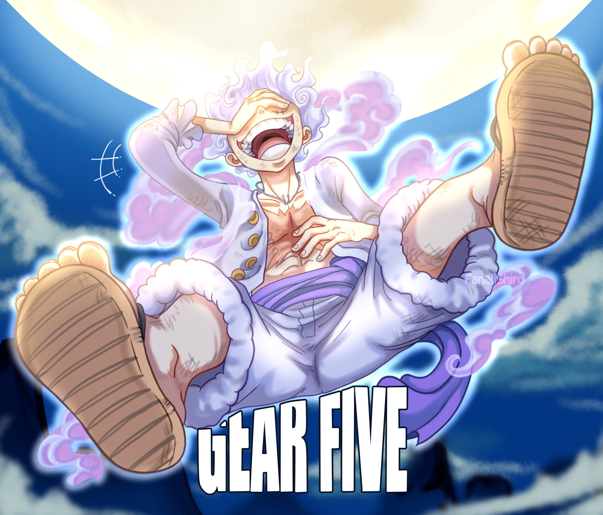 HD PC desktop wallpaper featuring Monkey D. Luffy in Gear 5 form from the anime One Piece, depicted with dynamic energy and vibrant colors against a blue sky.
