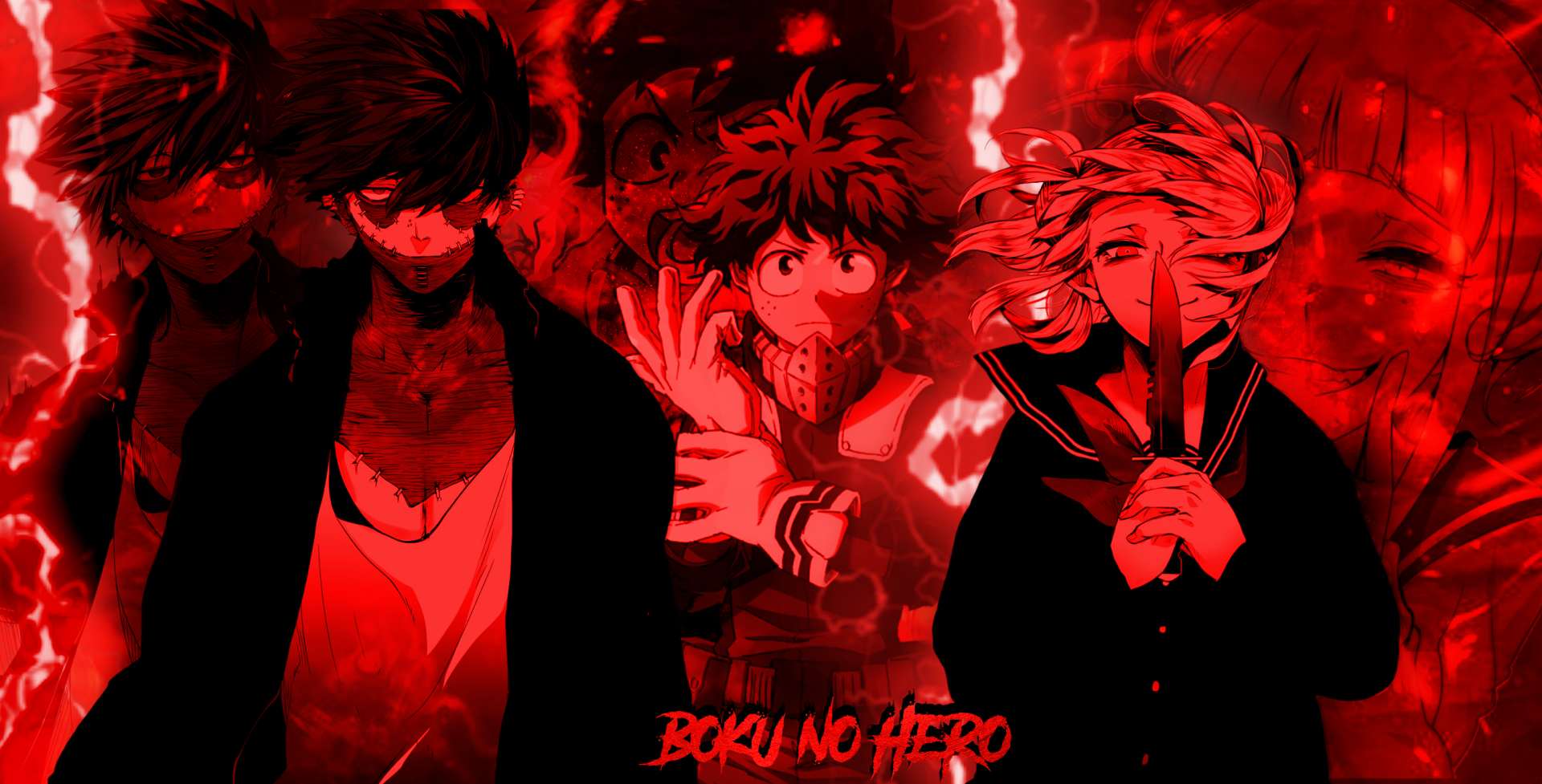 HD anime desktop wallpaper featuring three intense characters from My Hero Academia set against a dramatic red background with the Boku no Hero logo.