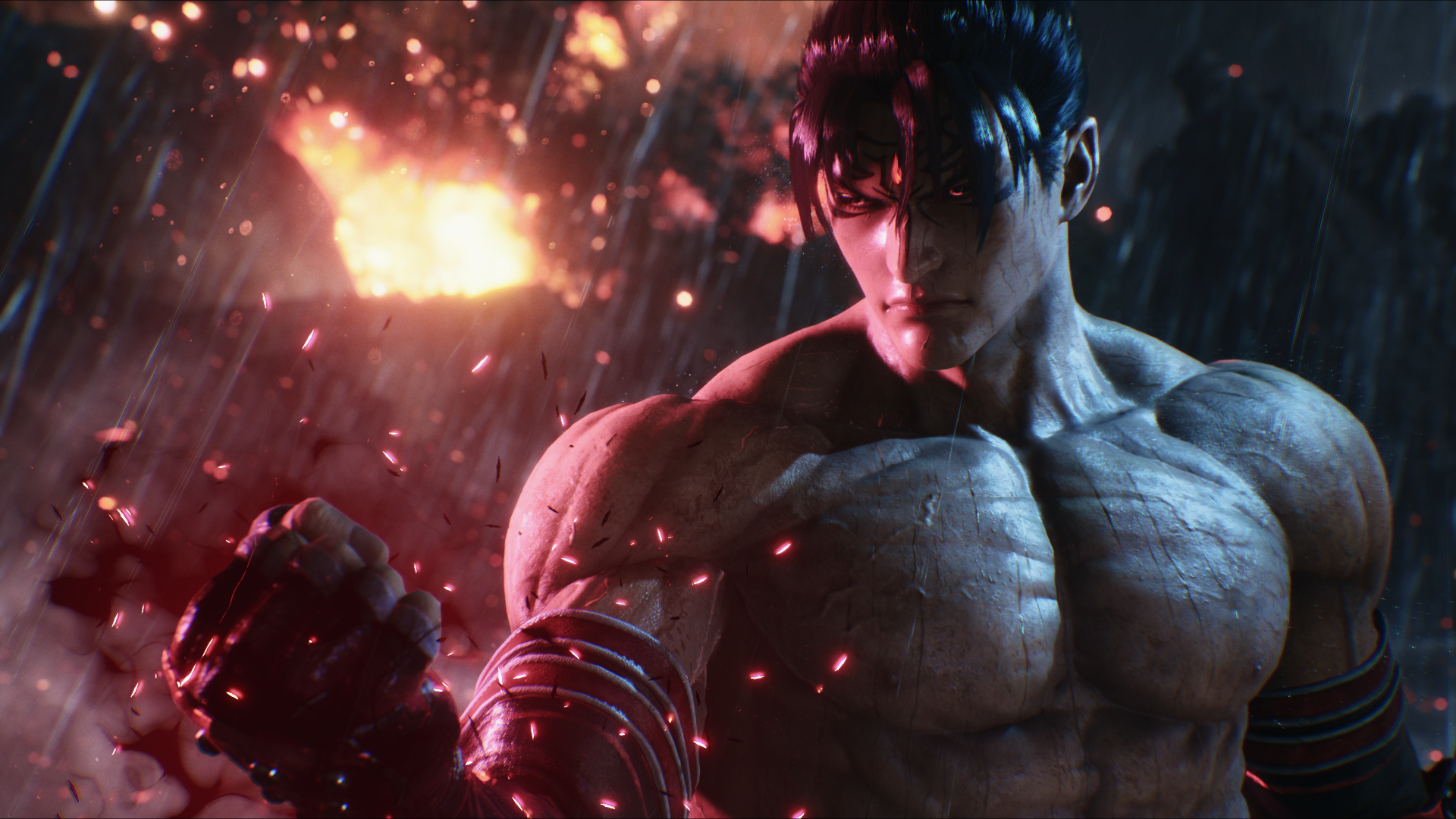 HD wallpaper of Jin Kazama from Tekken 8 showcasing the character in dynamic lighting with sparks flying in the background.