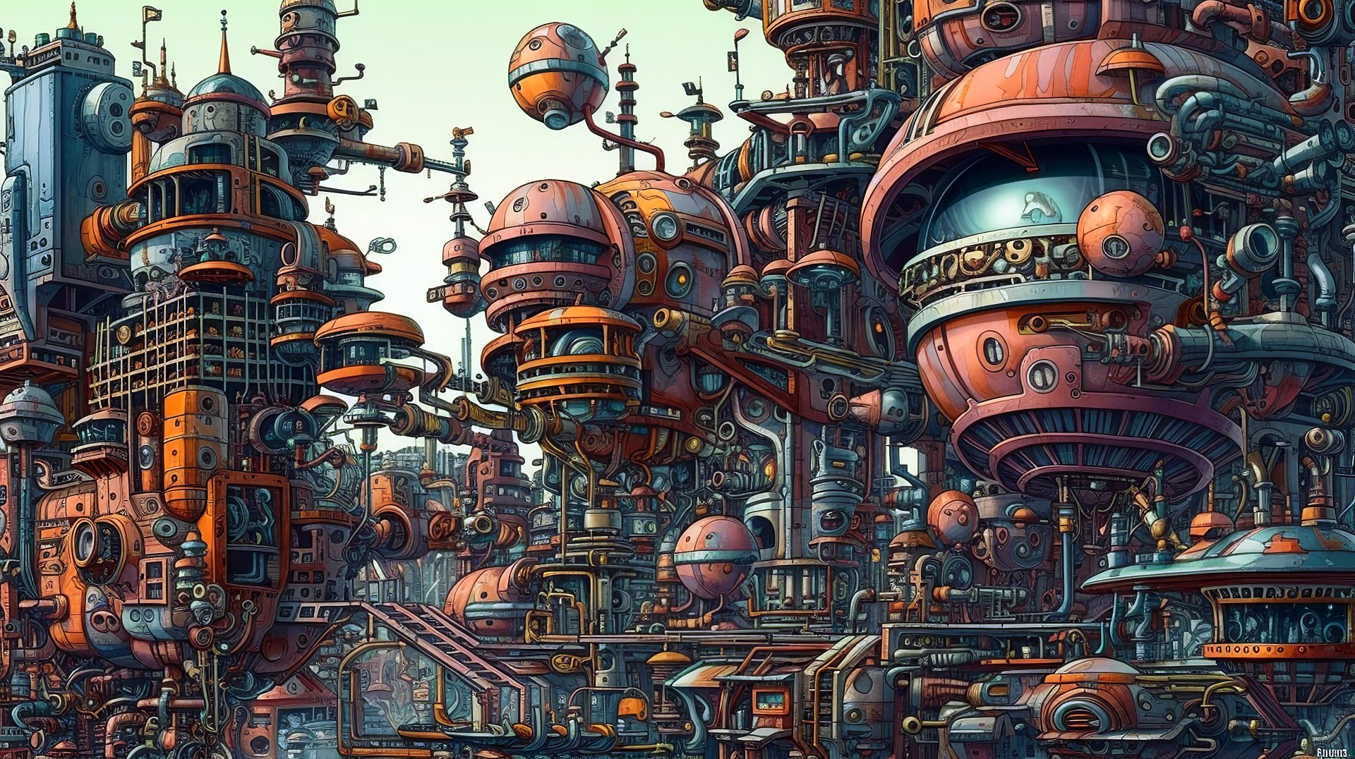 A detailed 4K Ultra HD sci-fi cityscape featuring intricate floating and grounded futuristic structures in a dense, industrial urban environment.