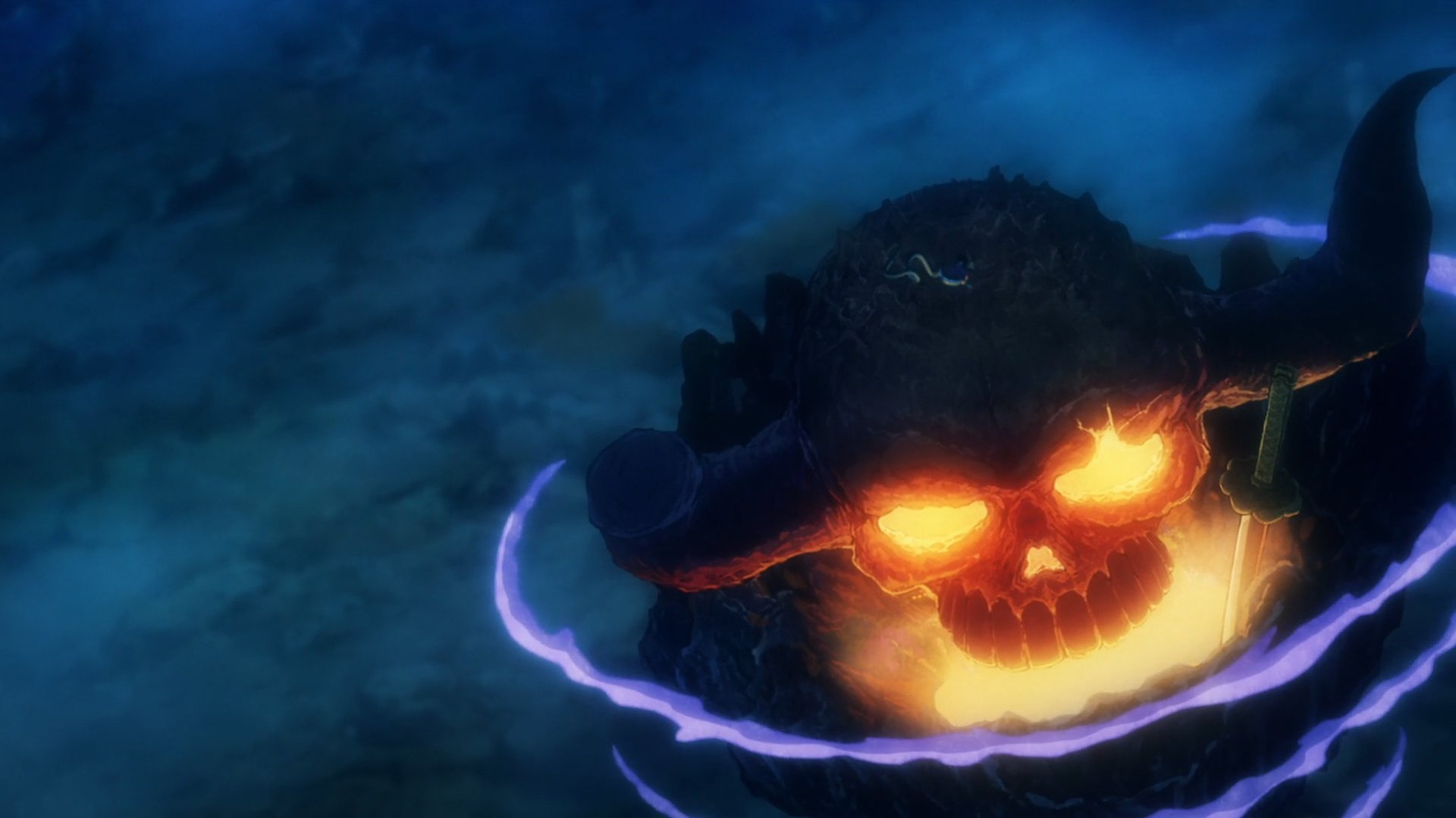 HD PC desktop wallpaper featuring a glowing fiery skull from the anime One Piece, surrounded by swirling dark and purple mist.