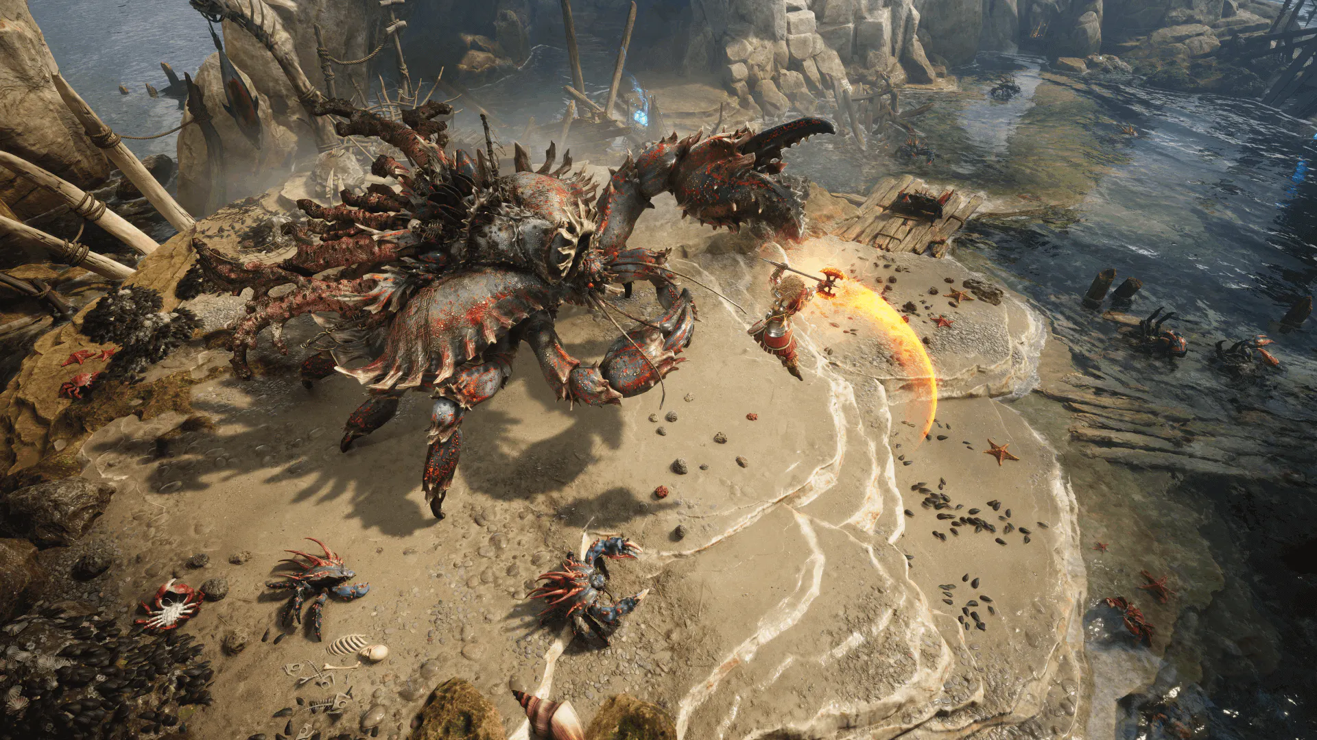HD wallpaper of Titan Quest II featuring intense battle scene with a giant crab monster on a coastal battlefield.