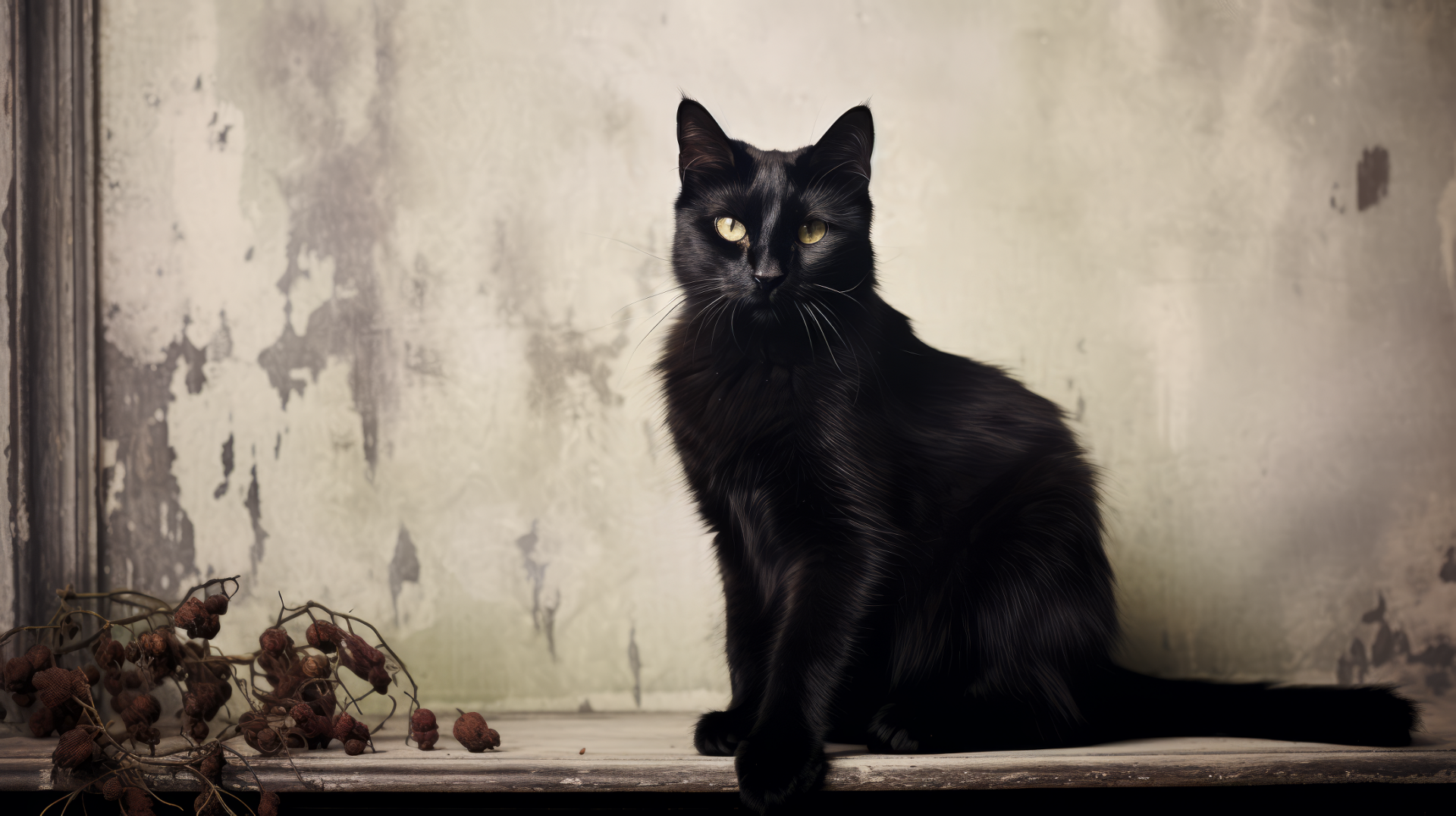 A striking black cat poses against a textured backdrop, radiating elegance. This high-definition image serves as a captivating desktop wallpaper showcasing the beauty of feline grace.