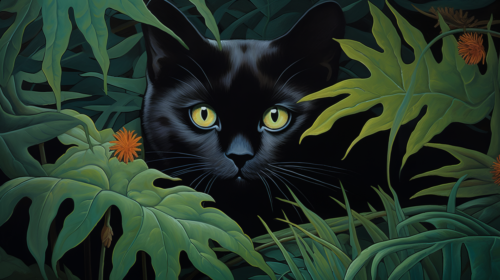 HD wallpaper of a black cat peeking through lush green foliage with vibrant yellow eyes.