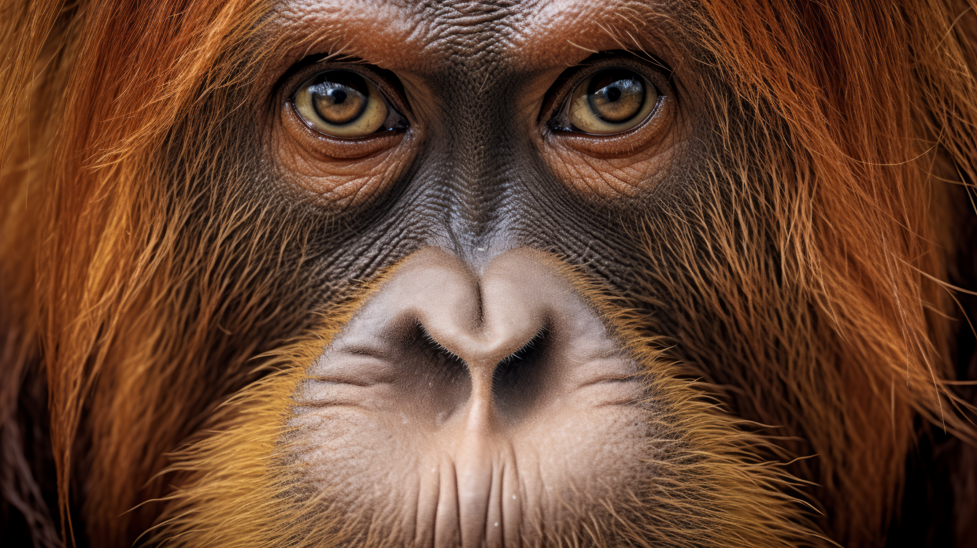 A close-up of an orangutan's face, showcasing its expressive eyes and vibrant fur, creating a striking HD desktop wallpaper and background.